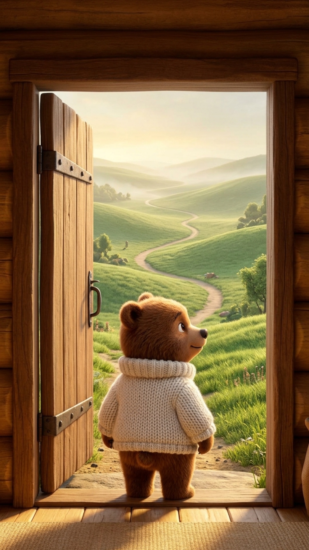 Art style: 3D Pixar.

Вид со спины на маленького коричневого медвежонка в белом вязаном свитере, ...