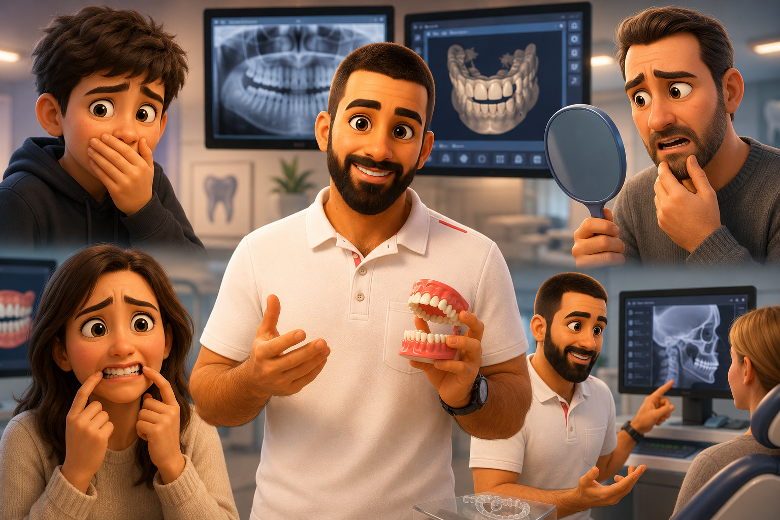 Video Prompt

Cinematic Pixar-style collage scene inside a modern dental clinic. Teenager shyly c...