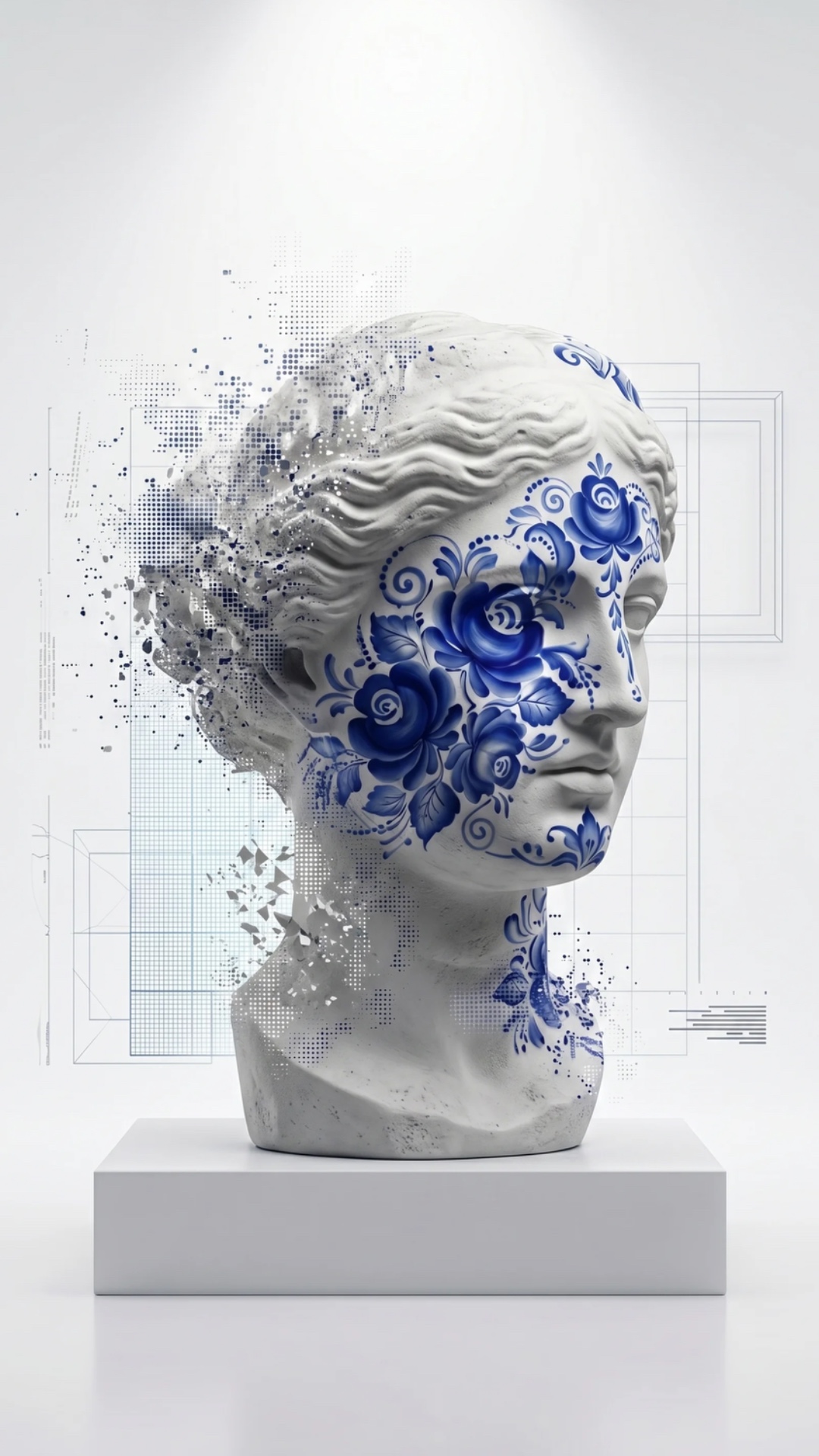 White classical plaster bust, perfectly still and centered. Only the background animates. Subtle ...