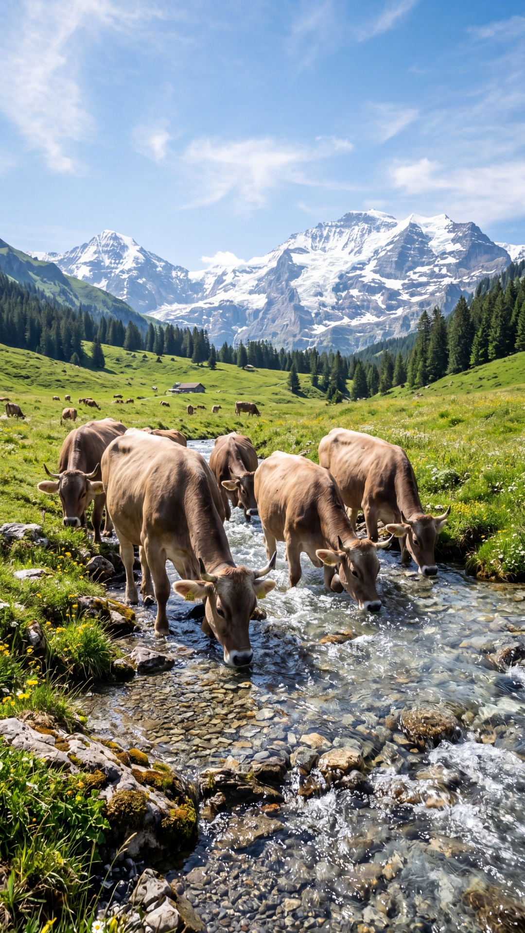 The brown cows in the stream lower their heads to drink, their ears twitching slightly. The cryst...