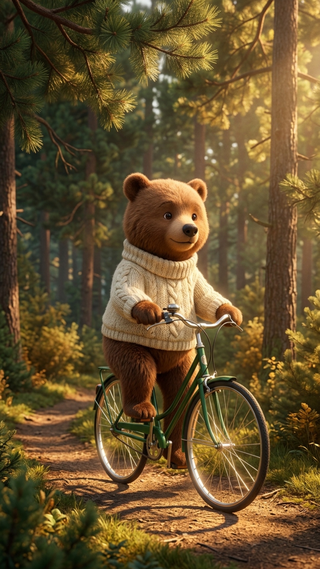 Art style: 3D Pixar.

Густой сосновый бор, где яркие лучи утреннего солнца пробиваются сквозь хво...