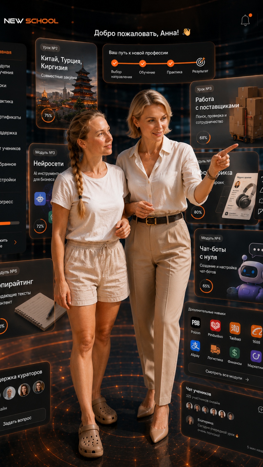 Cinematic realistic animation. Two women stand inside a modern digital learning platform. The men...