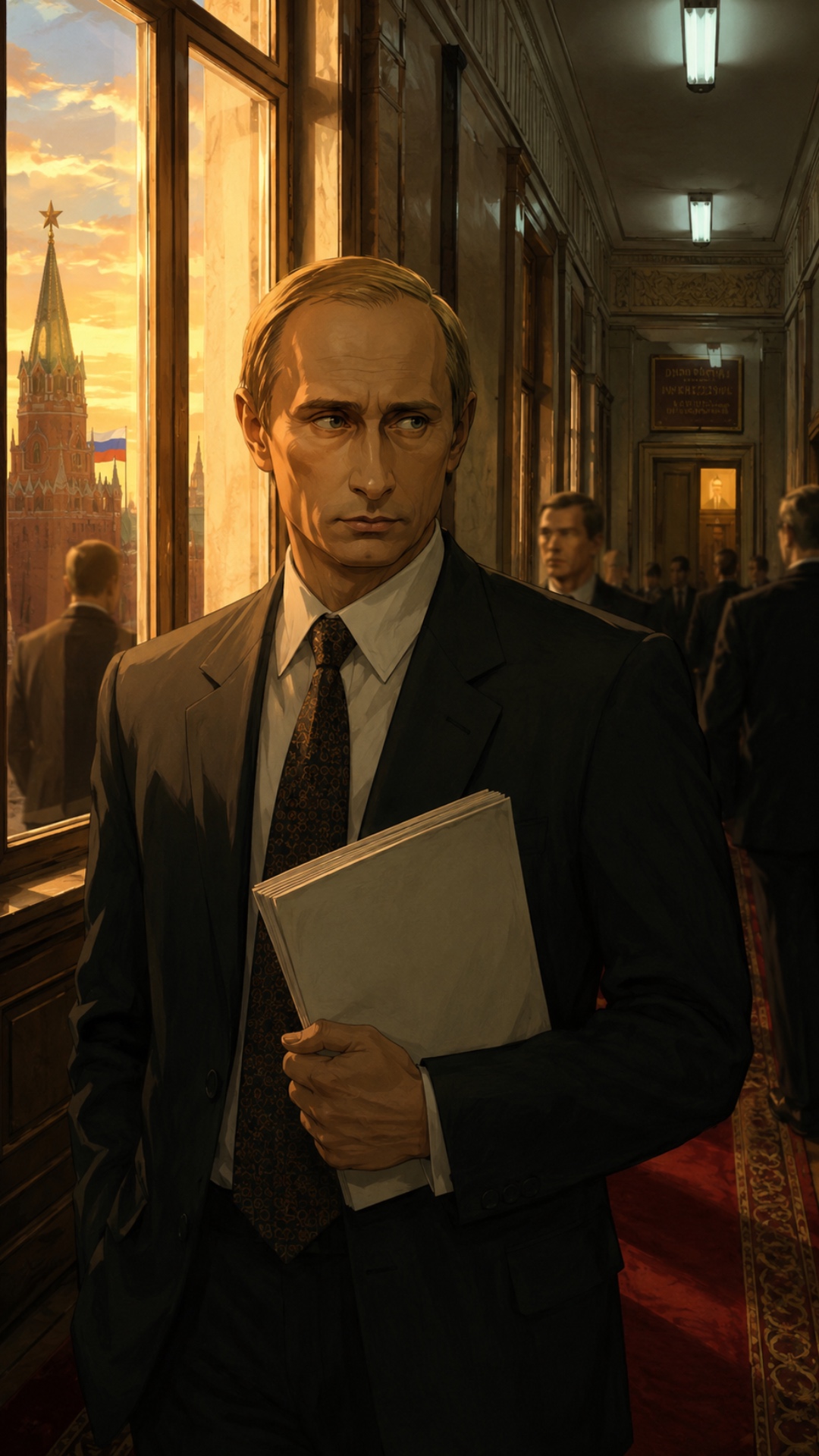 1990s St. Petersburg government building corridor, transitional political era atmosphere. Young В...