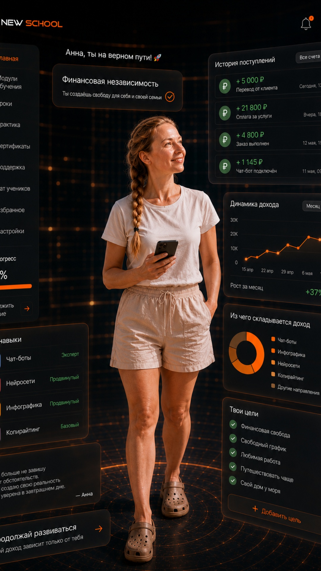 Cinematic realistic animation. The woman confidently stands inside a modern financial dashboard. ...