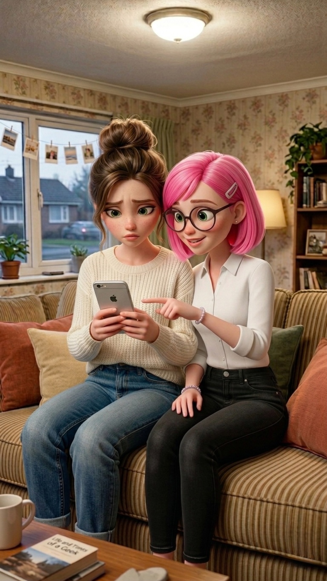 Two girls are sitting on a couch in a cozy apartment living room. The brunette is holding a smart...