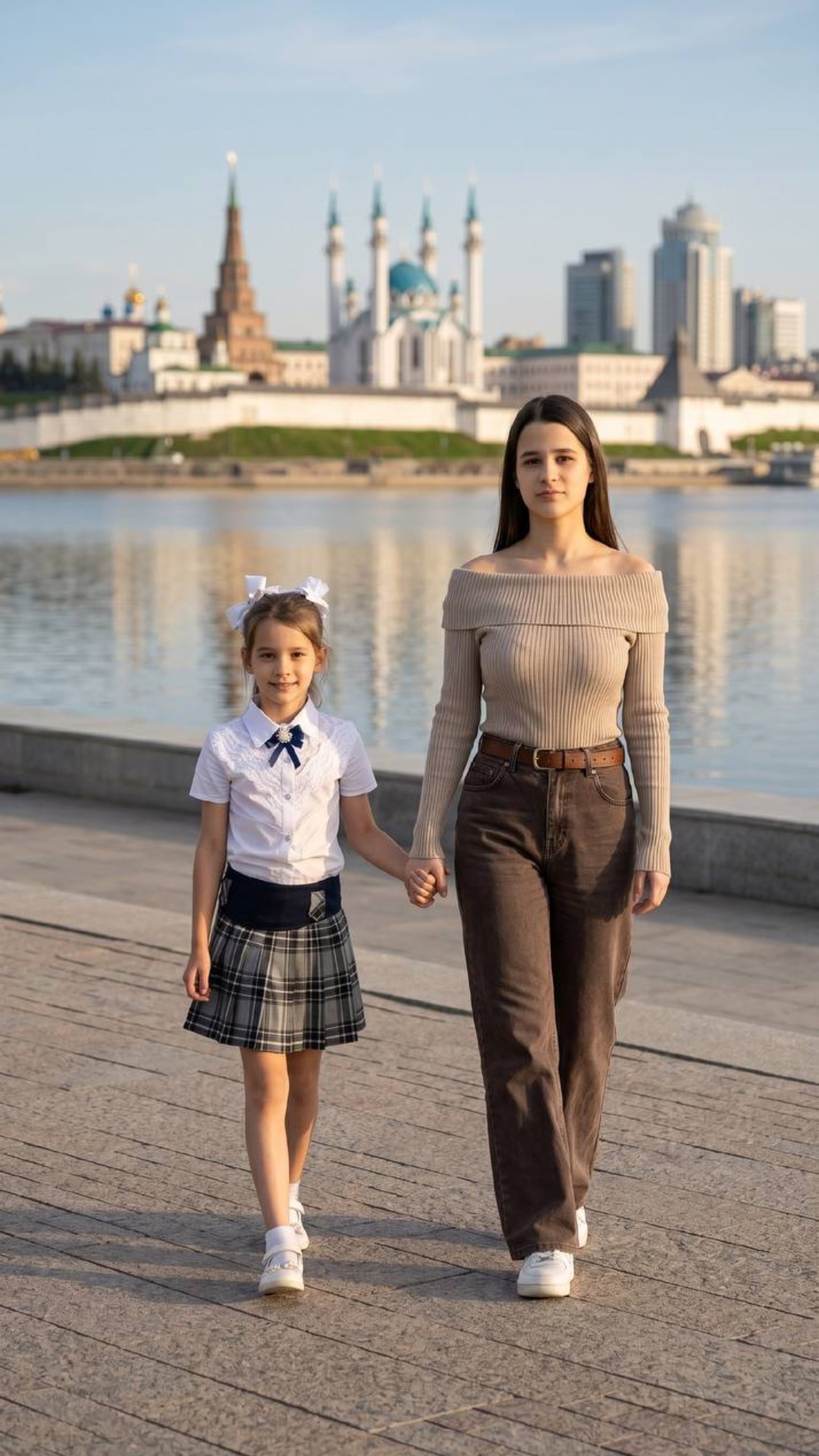 Девочка и девушка идут за руку, смотрят друг на друга и улыбаются 
Камера отдаляется параллельно ...