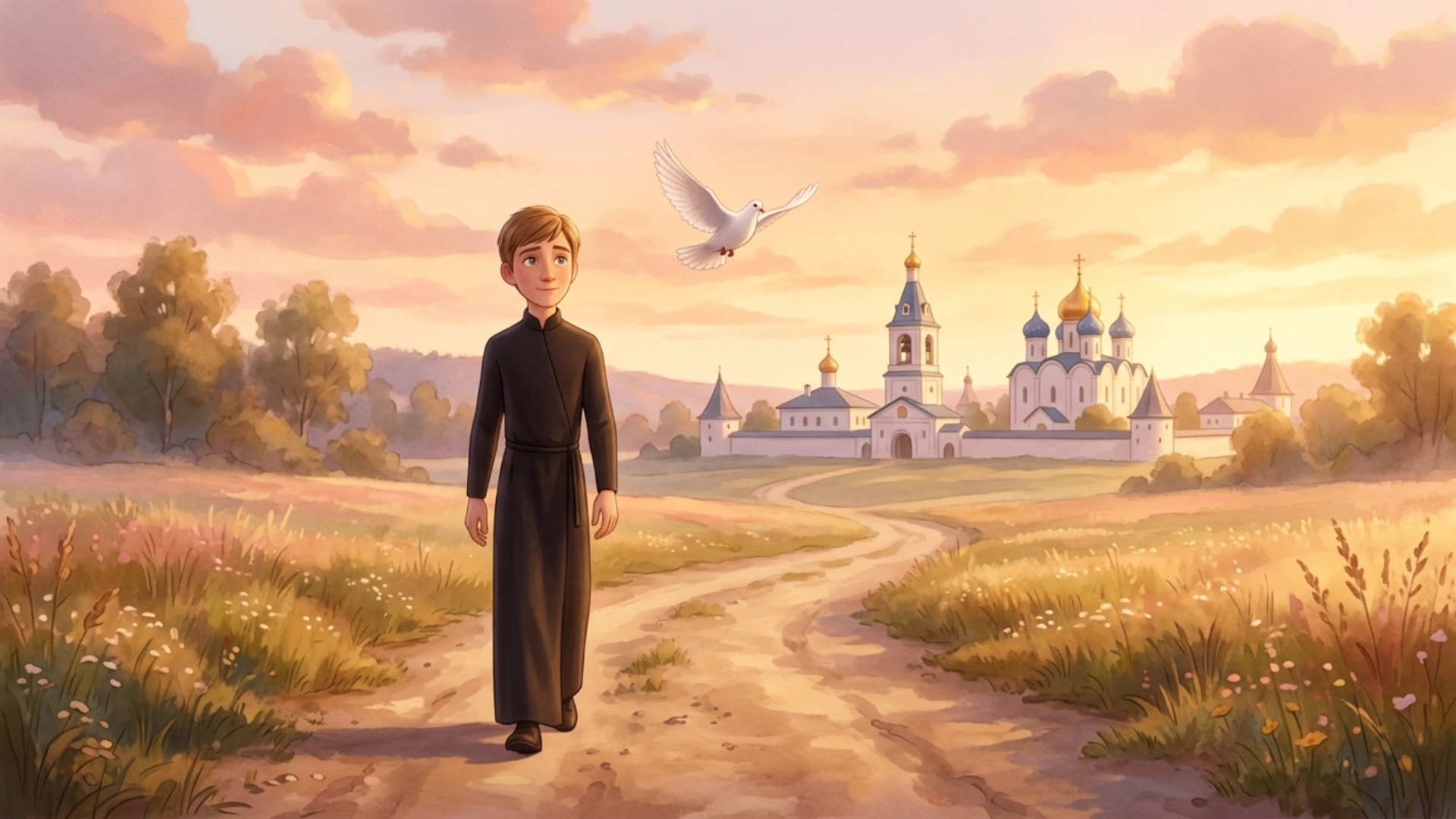 Art style: 3D Pixar.

Рассветное поле, дорога ведущая к монастырю. Алёша медленно идёт вперёд. Бе...