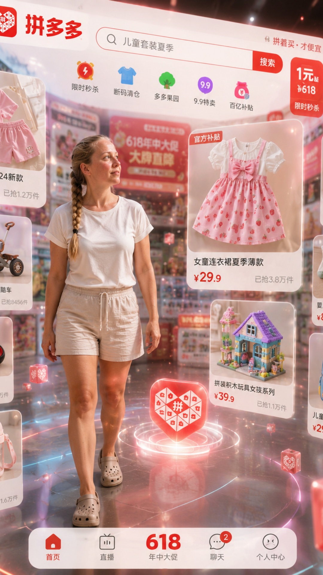 Cinematic realistic animation. The woman stands inside a giant Pinduoduo marketplace interface. P...