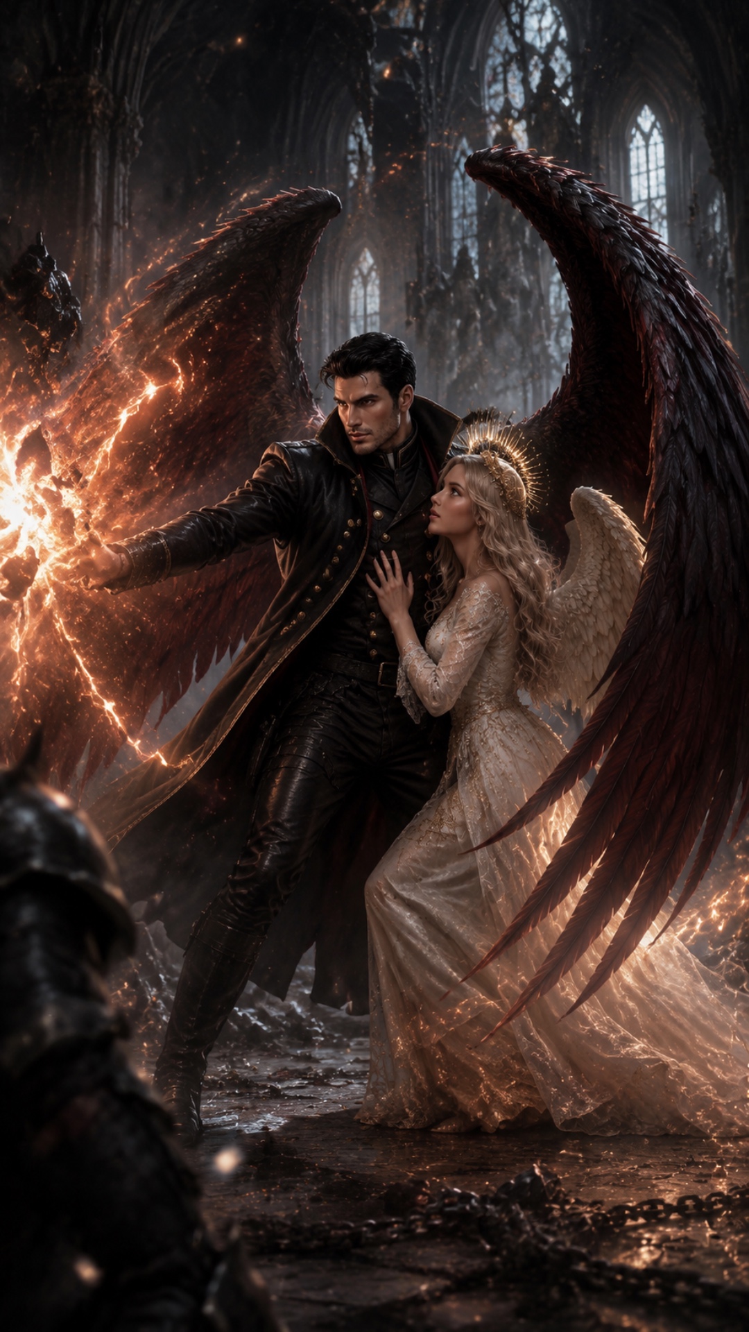 Use reference characters.

Lucifer stands protectively in front of Viki. A circle of fire magic f...