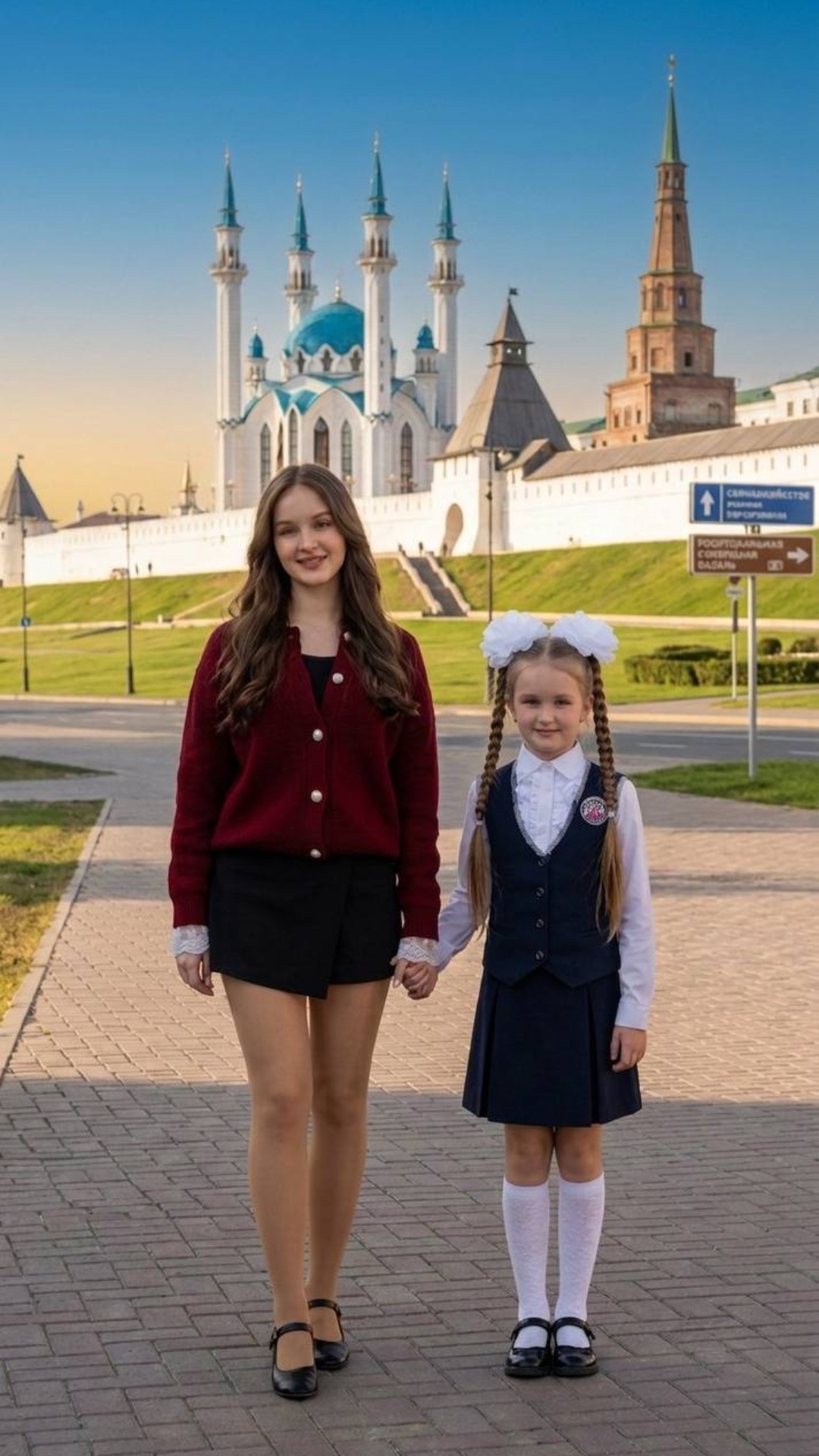 Девочка и девушка идут за руку, смотрят друг на друга и улыбаются 
Камера отдаляется параллельно ...