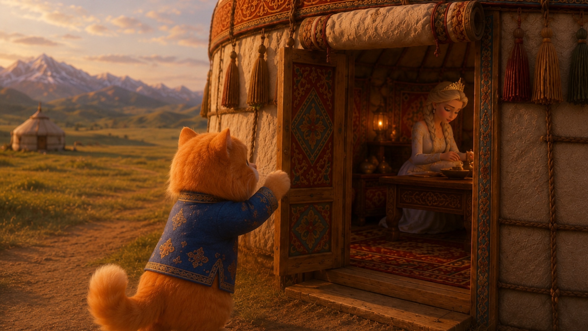 Maintain exact character appearance, exact costumes, exact yurt design, exact lighting and compos...