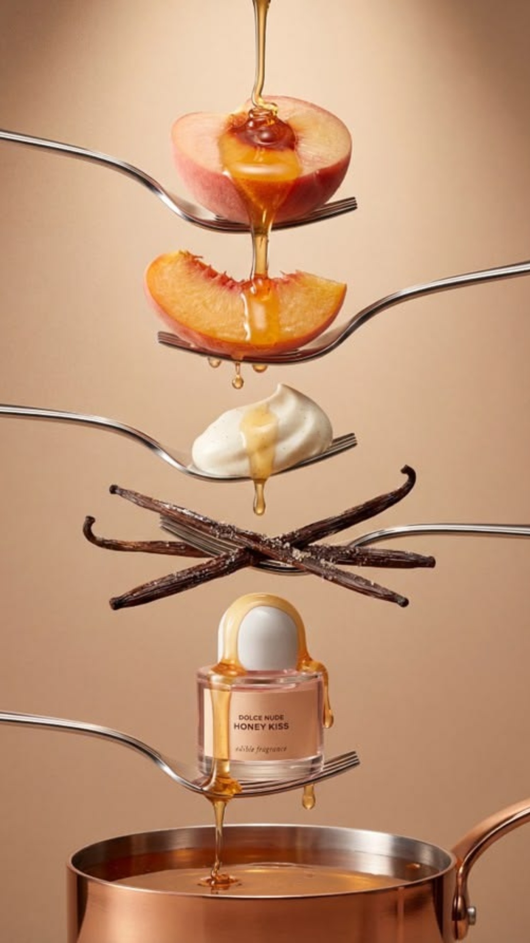 Luxury perfume commercial video, macro cinematic shot, vertical composition, warm rich brown grad...
