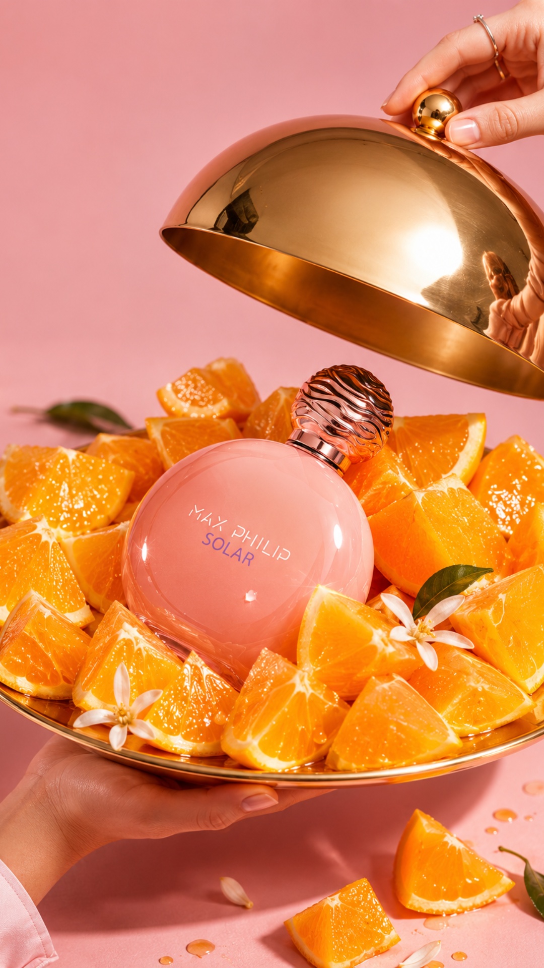 Luxury beauty commercial, soft pastel pink background, elegant golden serving tray held by hands,...