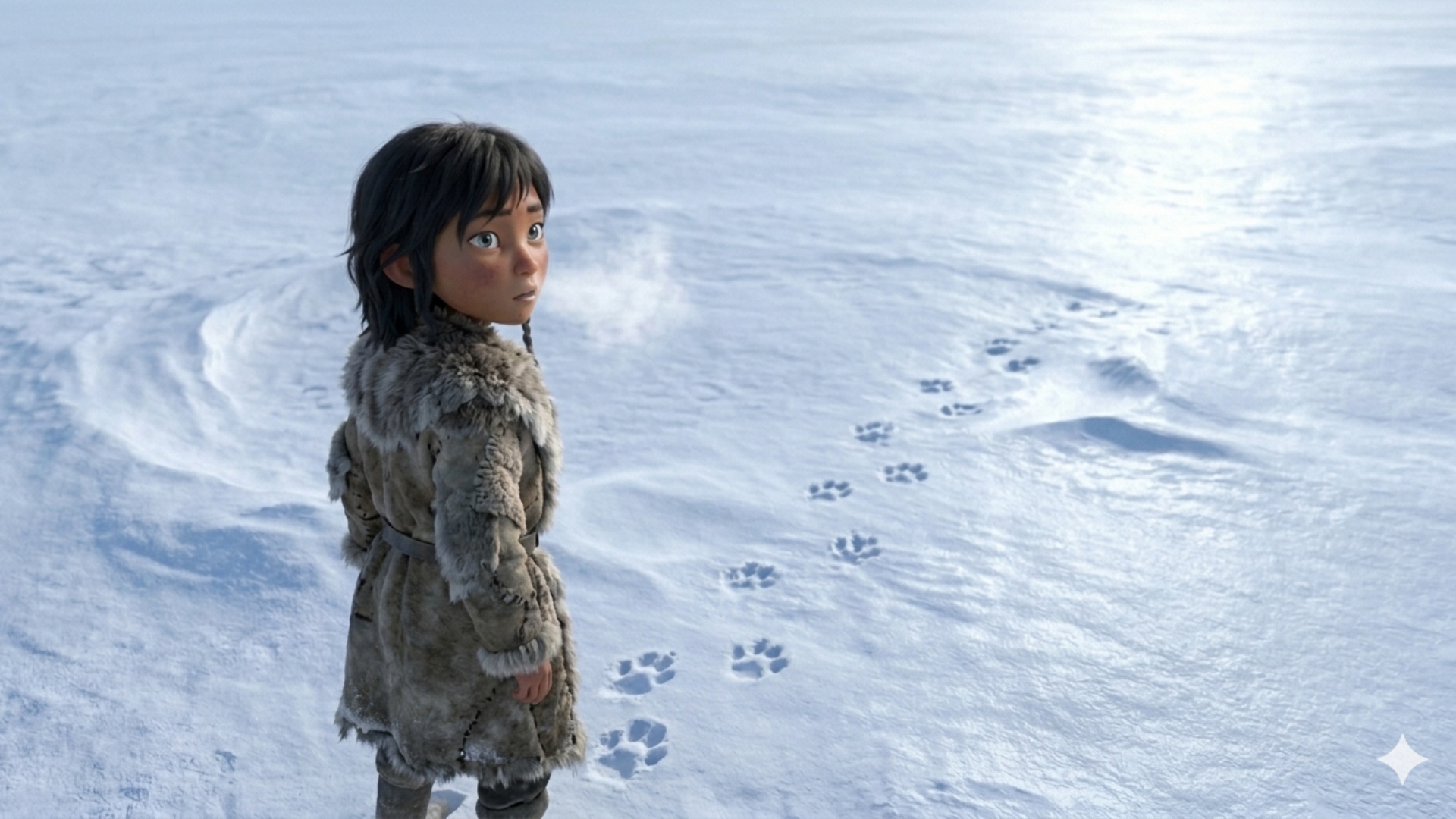 The boy slowly turns his head and looks behind. Where the wolf was just standing is now empty sno...