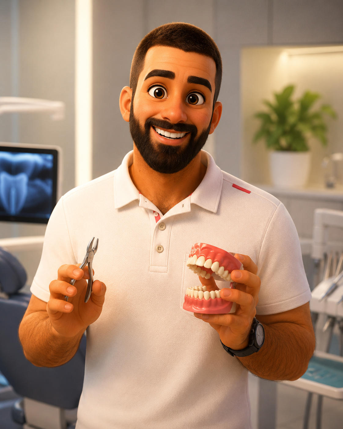 Young male orthodontist in Pixar/Disney 3D animation style stands confidently inside a modern bri...