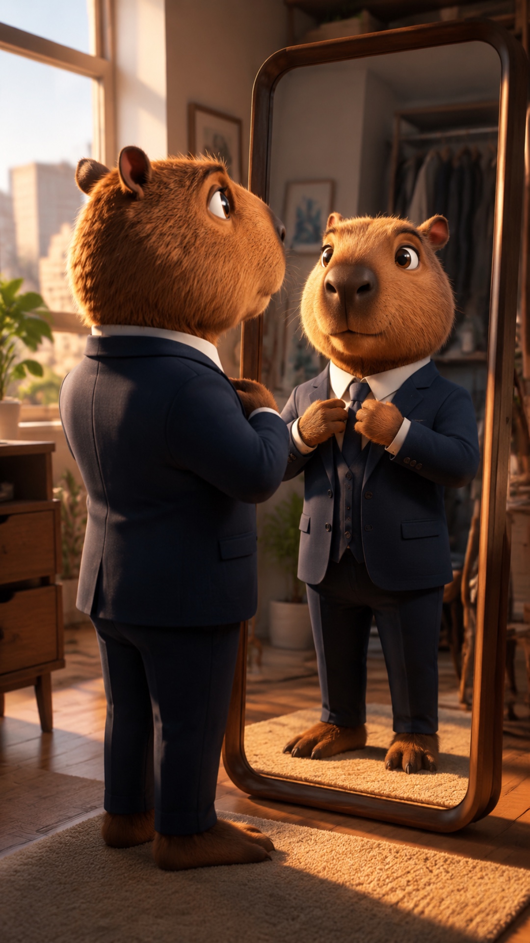 male capybara looks into mirror, adjusts tie, smooth camera movement, nervous smile, blinking eye...
