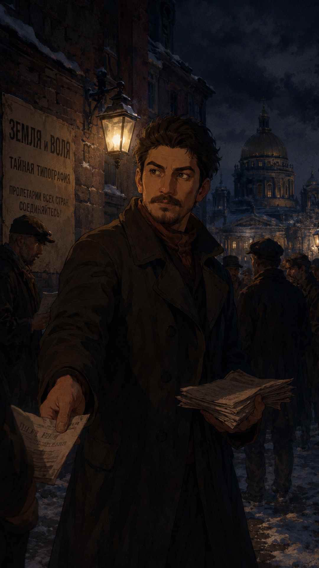 Young Joseph Stalin in long dark coat at night, snowy street, distributing secret revolutionary p...