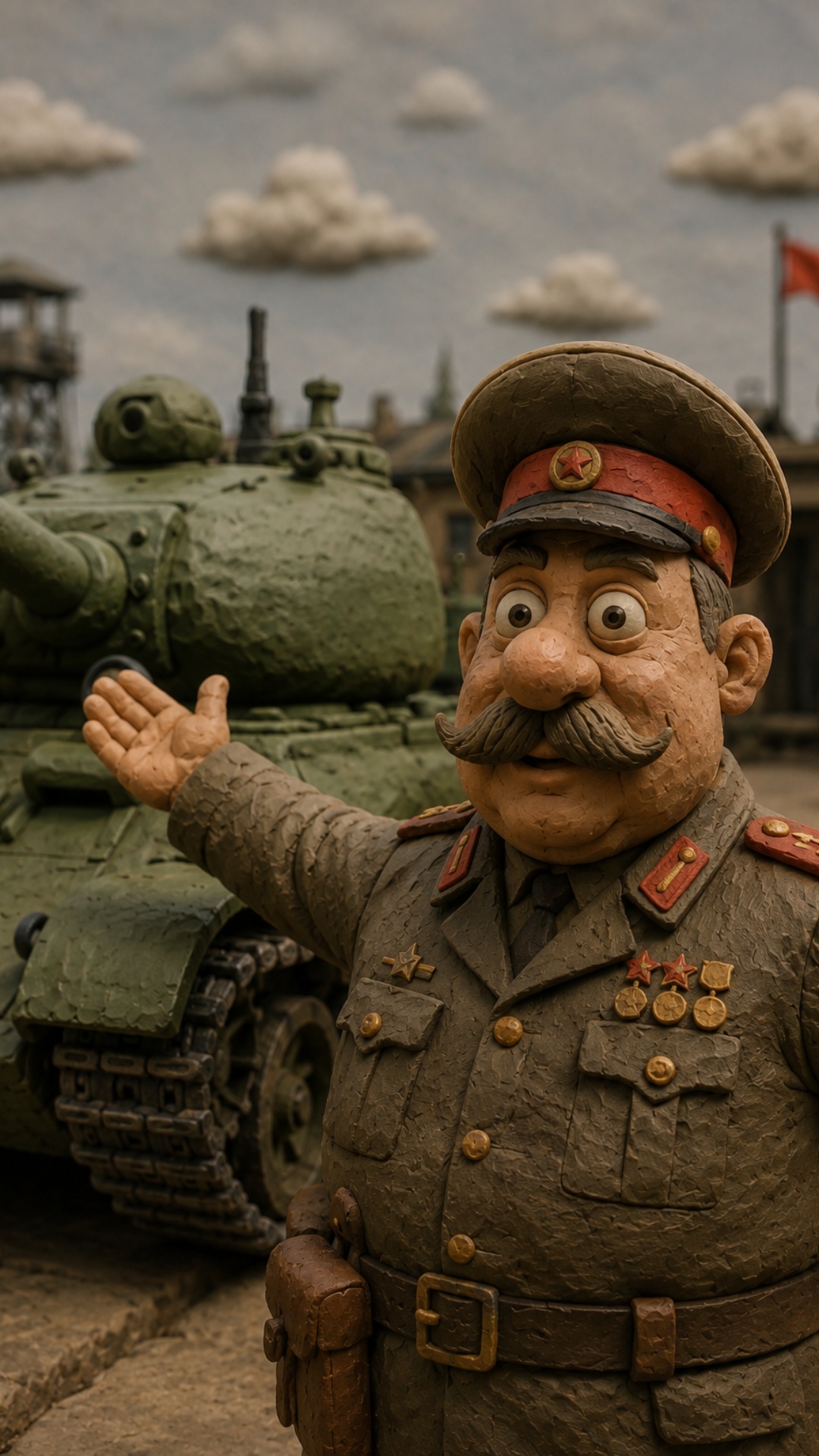 Claymation animation, dark cinematic handmade clay style. Medium shot of a military commander sta...