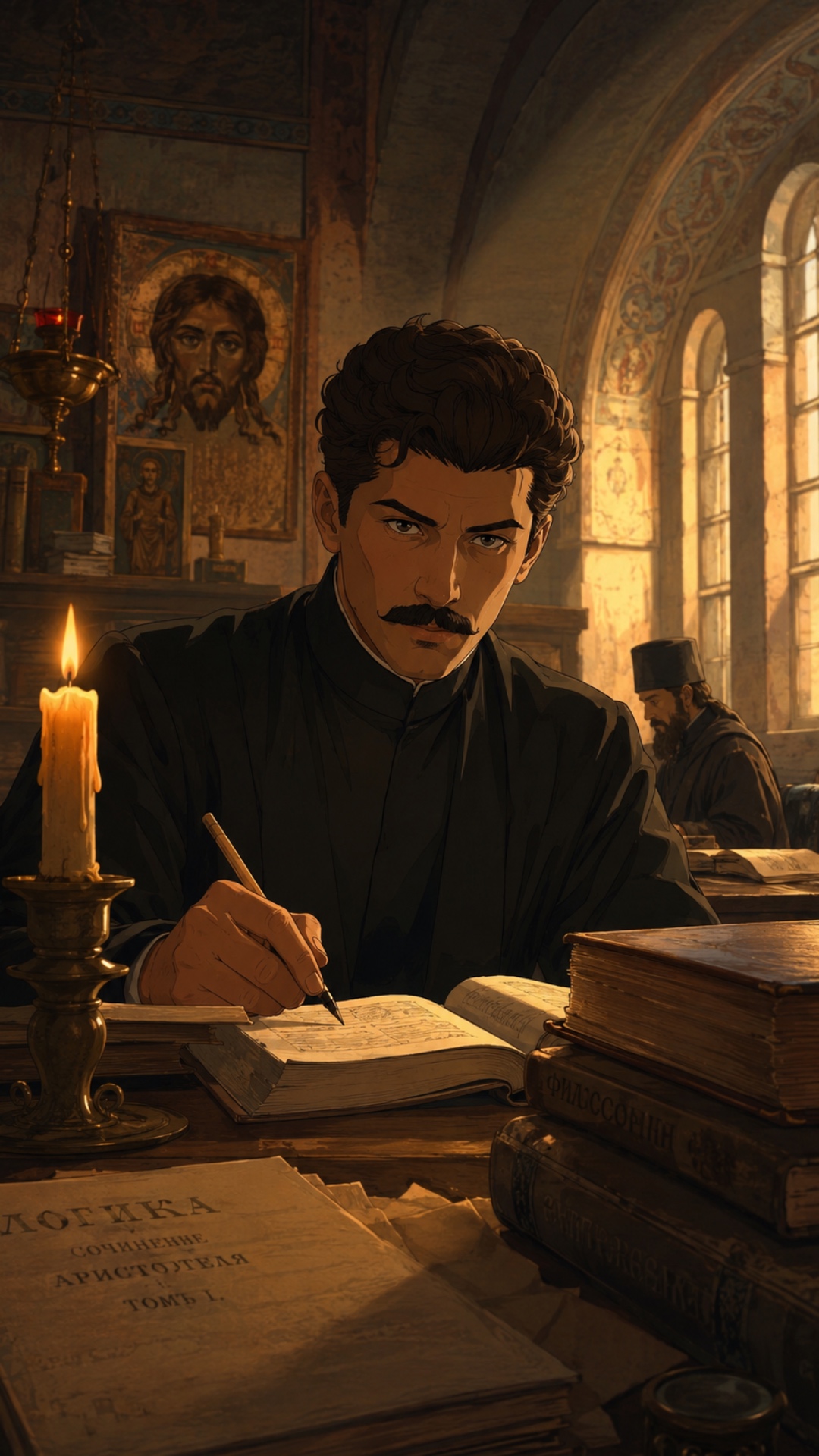 Teenage Joseph Stalin studying in Tiflis theological seminary, candlelight, Orthodox icons, stone...