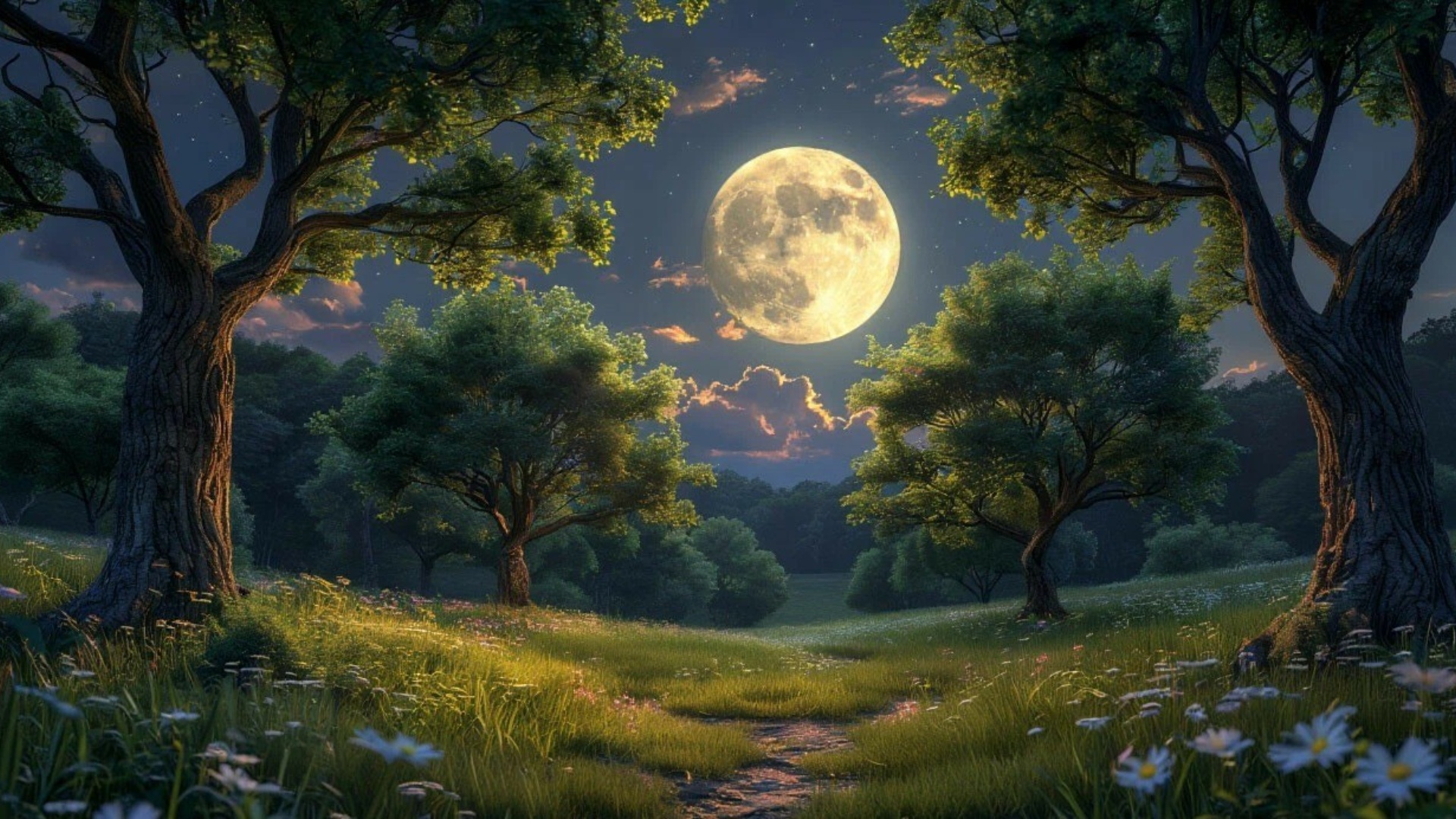 Реалистичная картинка: Красивая природа, деревья, ночь, трава.#красиво#fantasy#арт#шедеврум#фэнте...