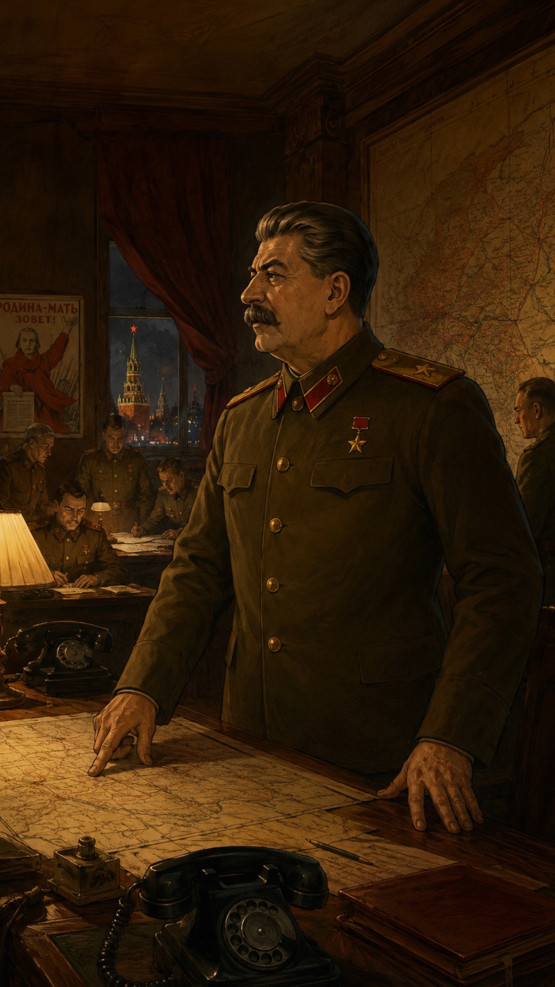 Joseph Stalin in Kremlin war office during World War II, military maps, officers moving urgently,...