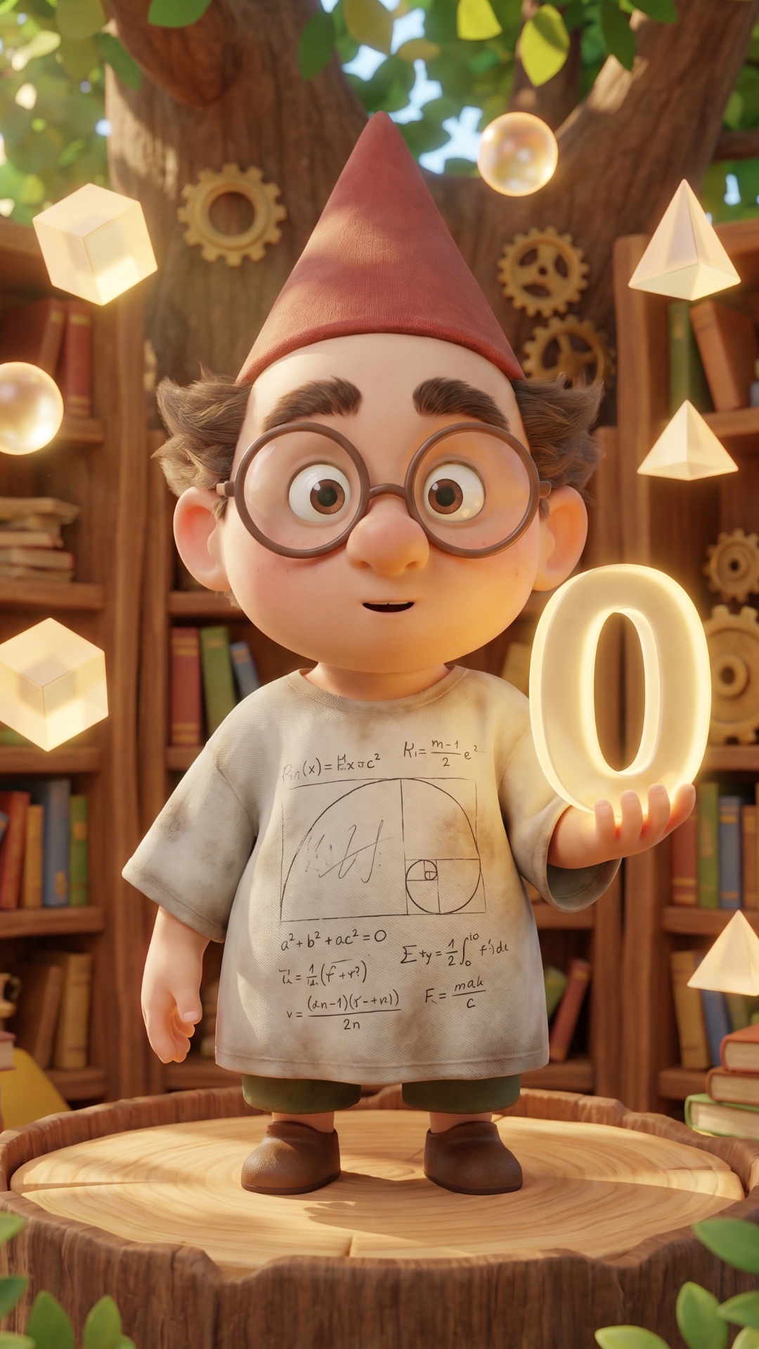 Close-up shot, warm cinematic lighting. A cute gnome with a red pointed hat and a thick beard sit...