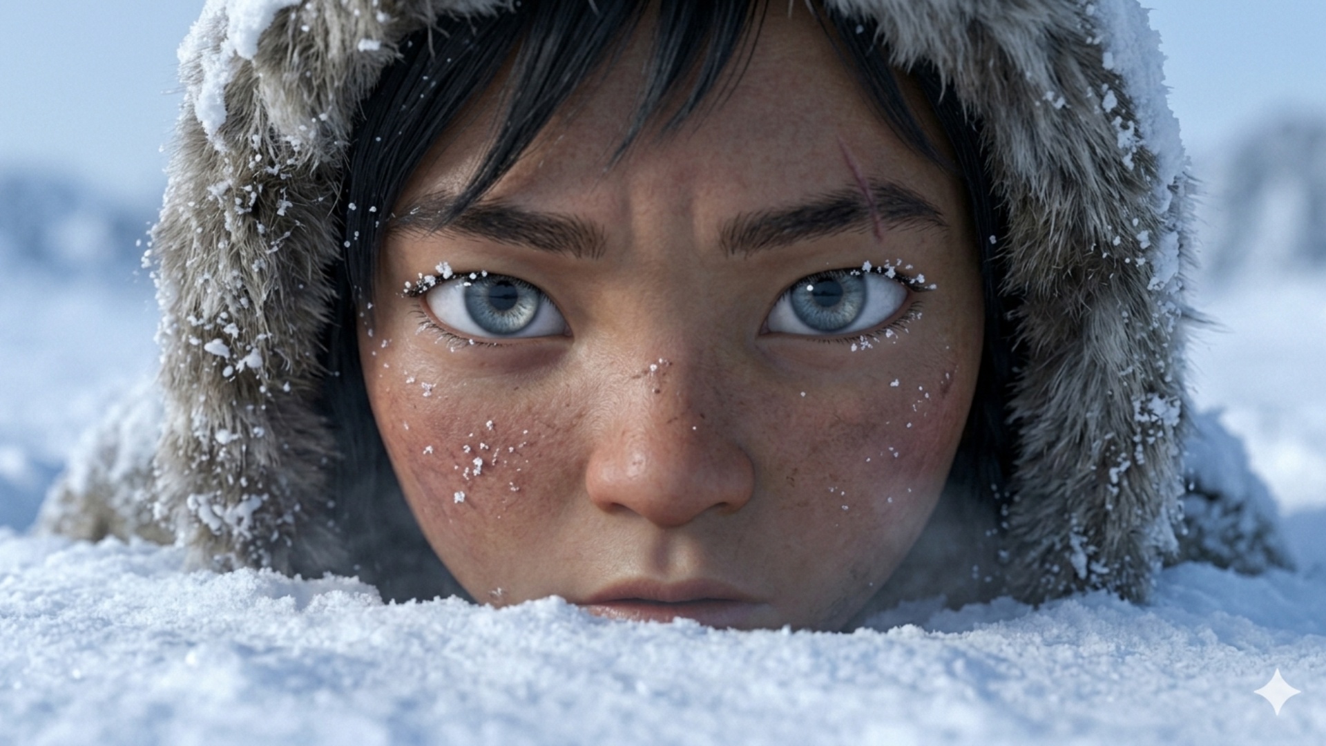 The boy slowly lifts his face from snow. Snowflakes are stuck to his dark eyelashes. His grey eye...