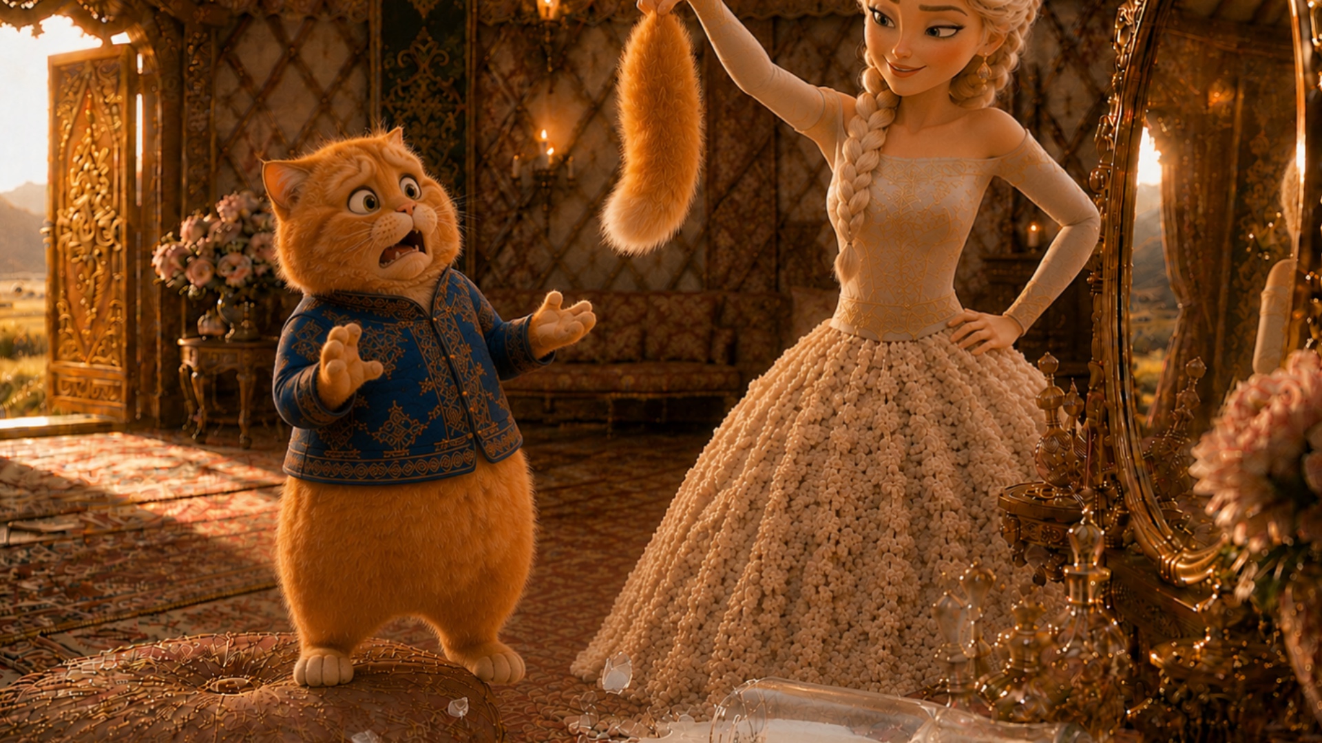 Video Prompt (жалыну сахнасы):

The scene begins immediately after the princess has already taken...