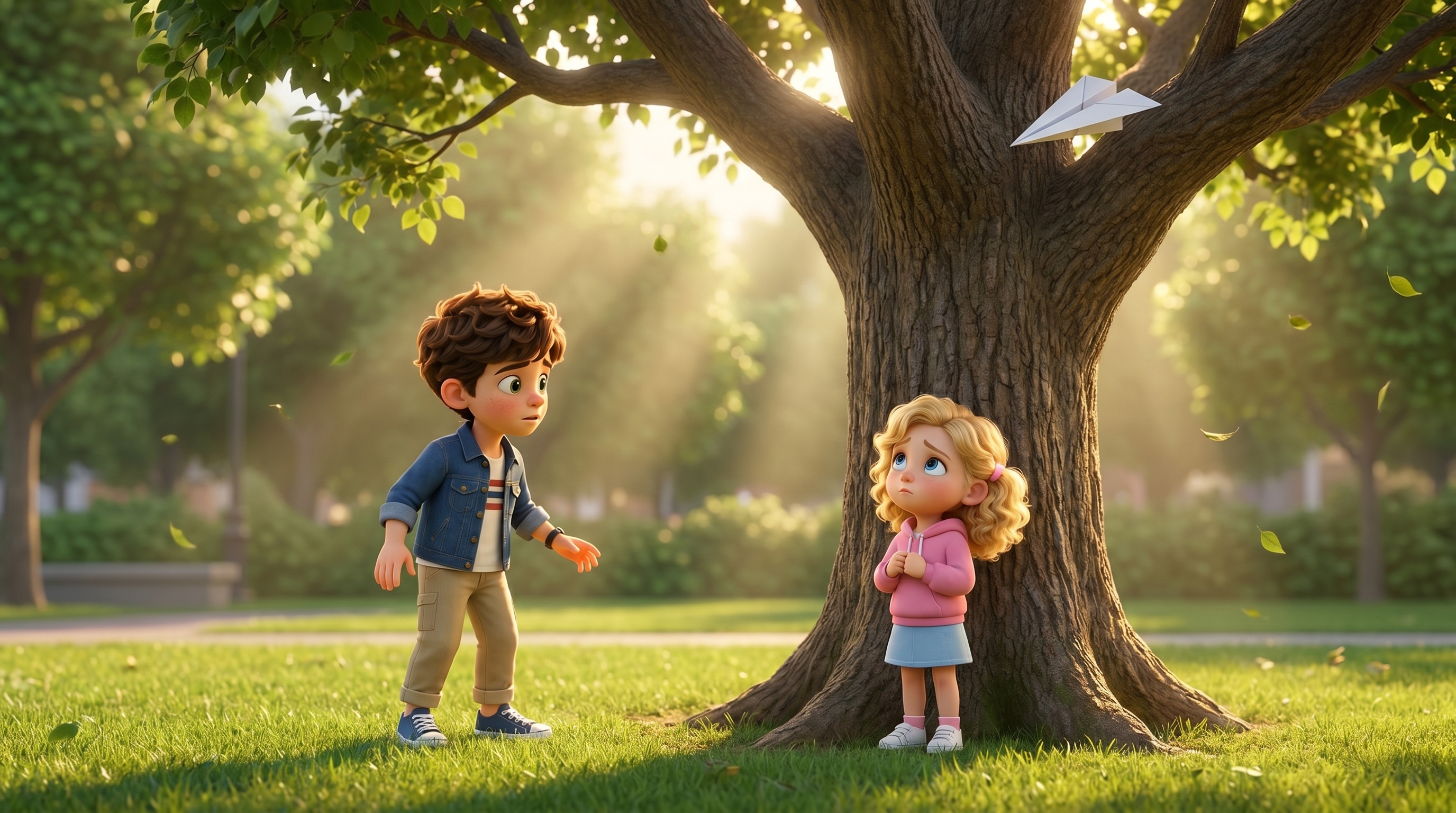 Heartwarming Pixar-style park scene, little blonde girl with curly hair wearing pink hoodie, ligh...
