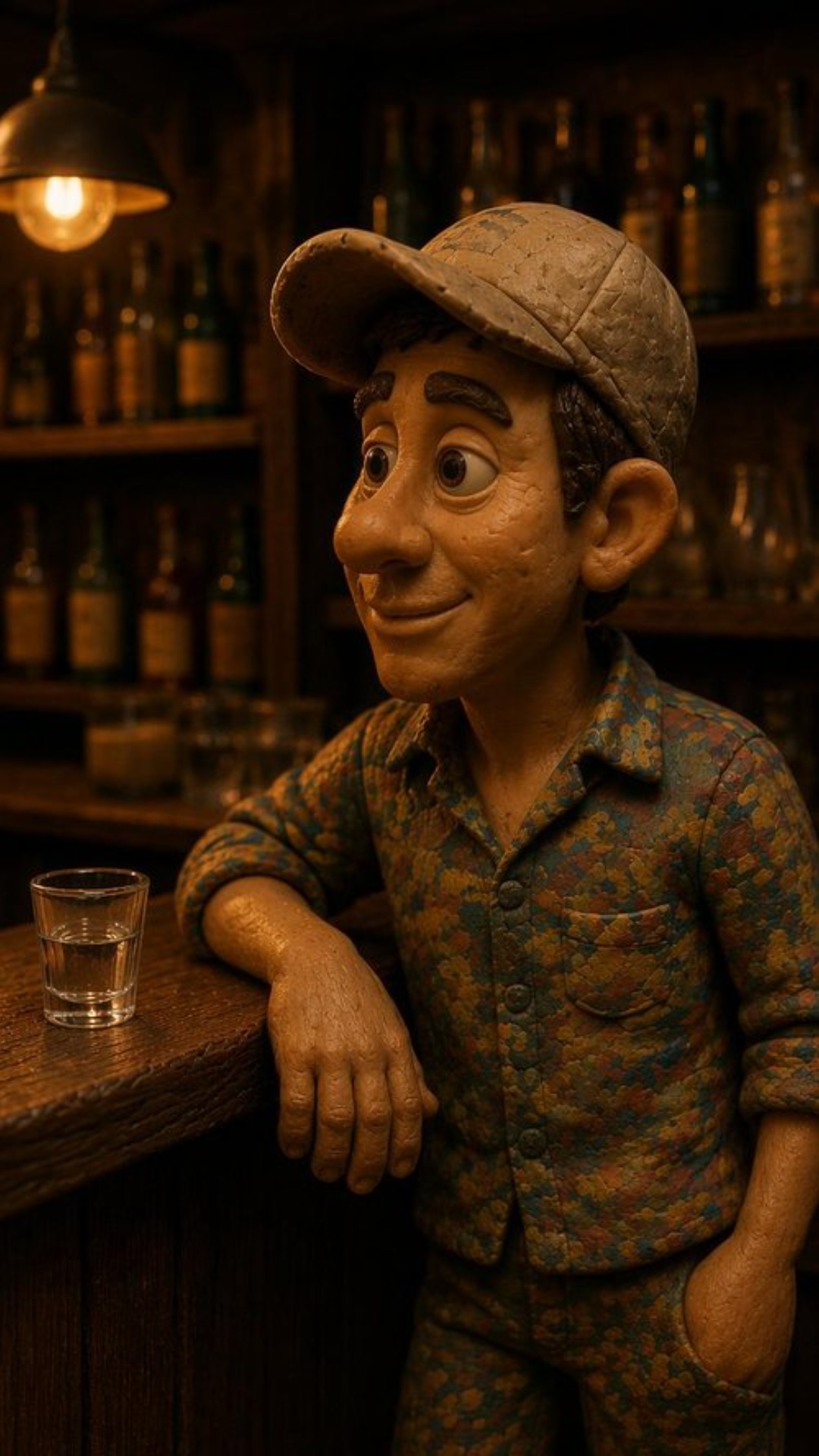 Claymation animation, dark cinematic handmade clay style. Chest-up shot inside a cozy bar. Camera...