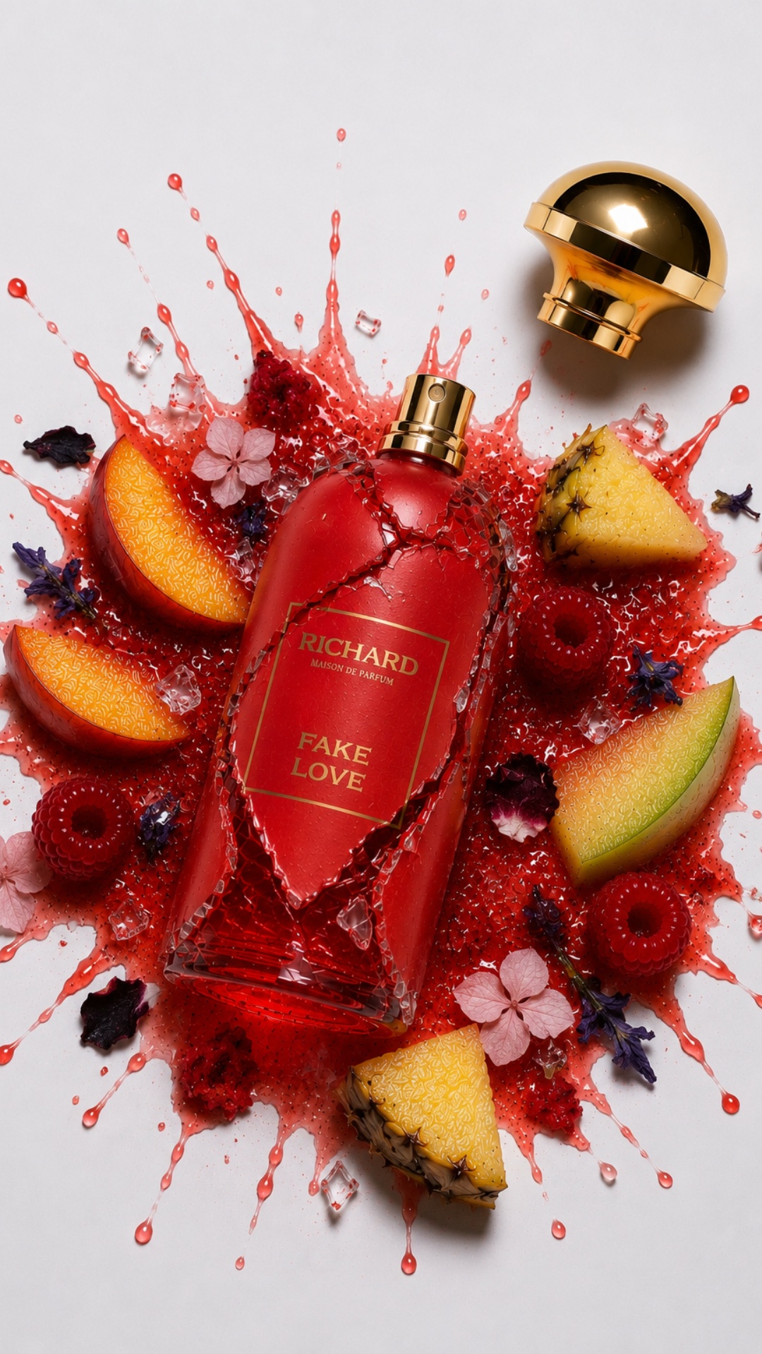 Create a cinematic macro video of a luxury perfume bottle on a clean white background, surrounded...
