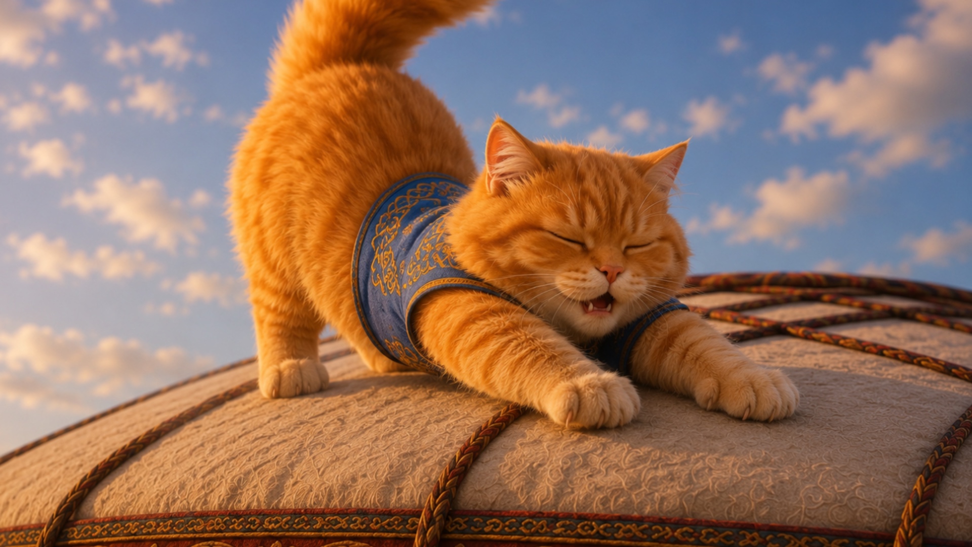 Barsik is lying on top of a traditional Kazakh yurt roof during a warm golden sunset. At first he...