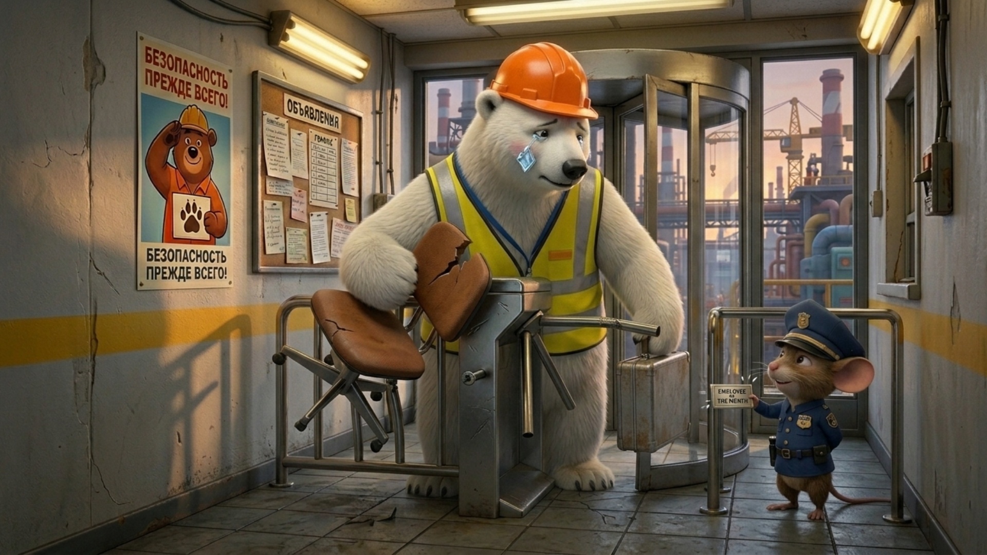 End of the workday. The bear leaves, carrying a broken chair under his arm. At the exit, a mouse ...