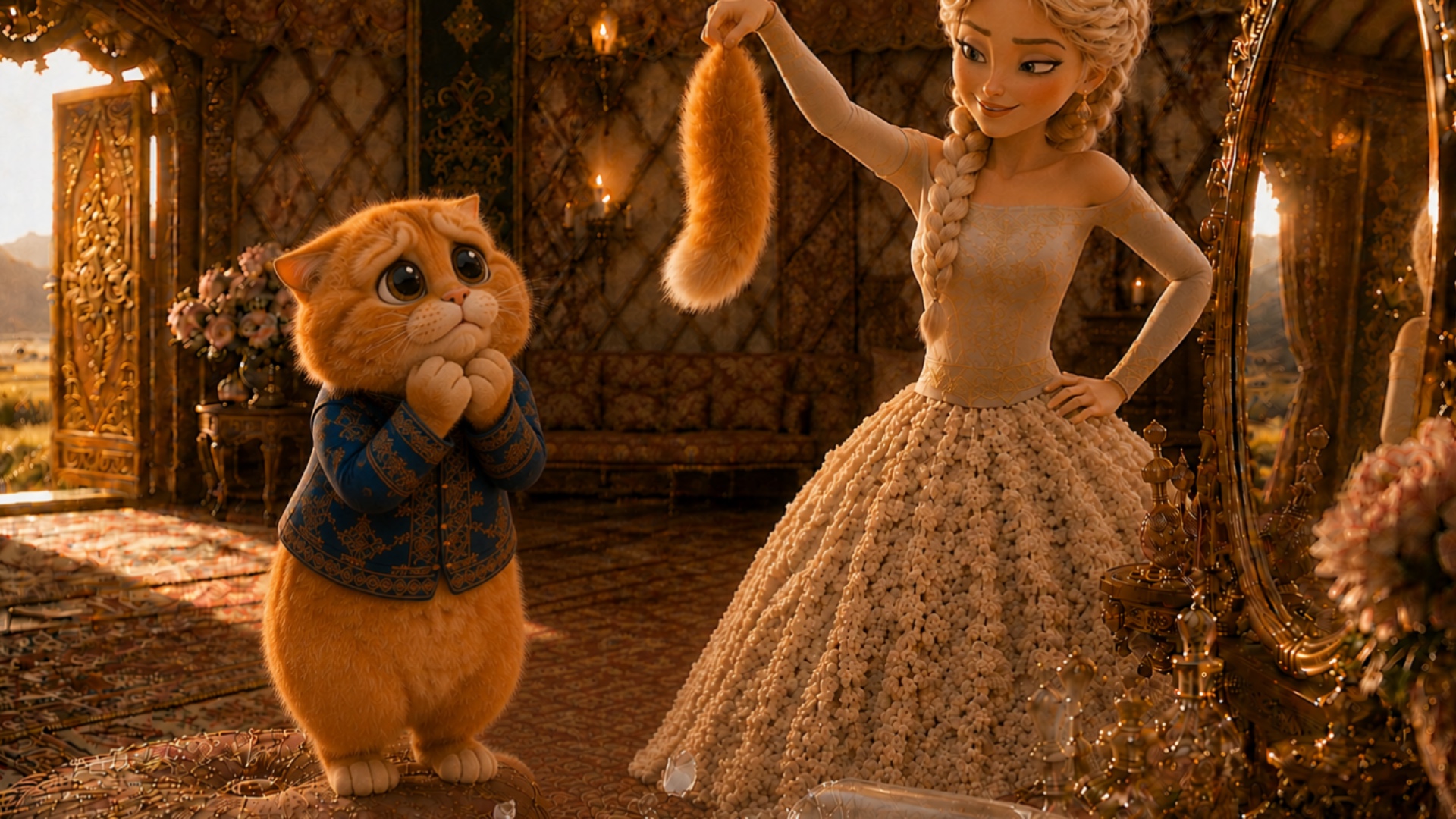 Video prompt:

The fluffy orange cat stands tail-less, staring up with huge watery eyes. His ears...