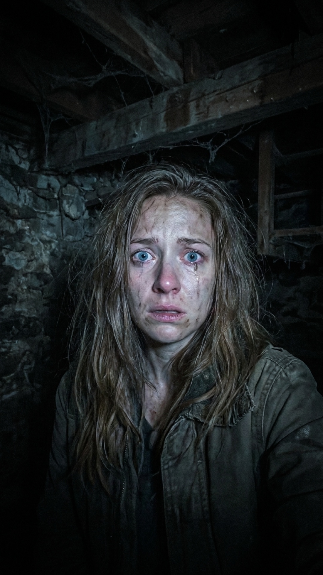 A young frightened woman, 20 years old, films herself on a 
phone in a dark damp basement. Lit on...