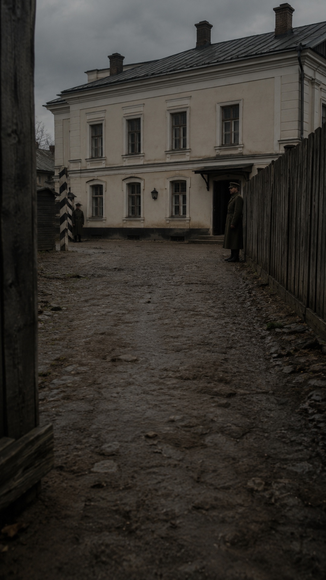 First-person cinematic POV slowly walking toward the Ipatiev House courtyard on a cold overcast d...