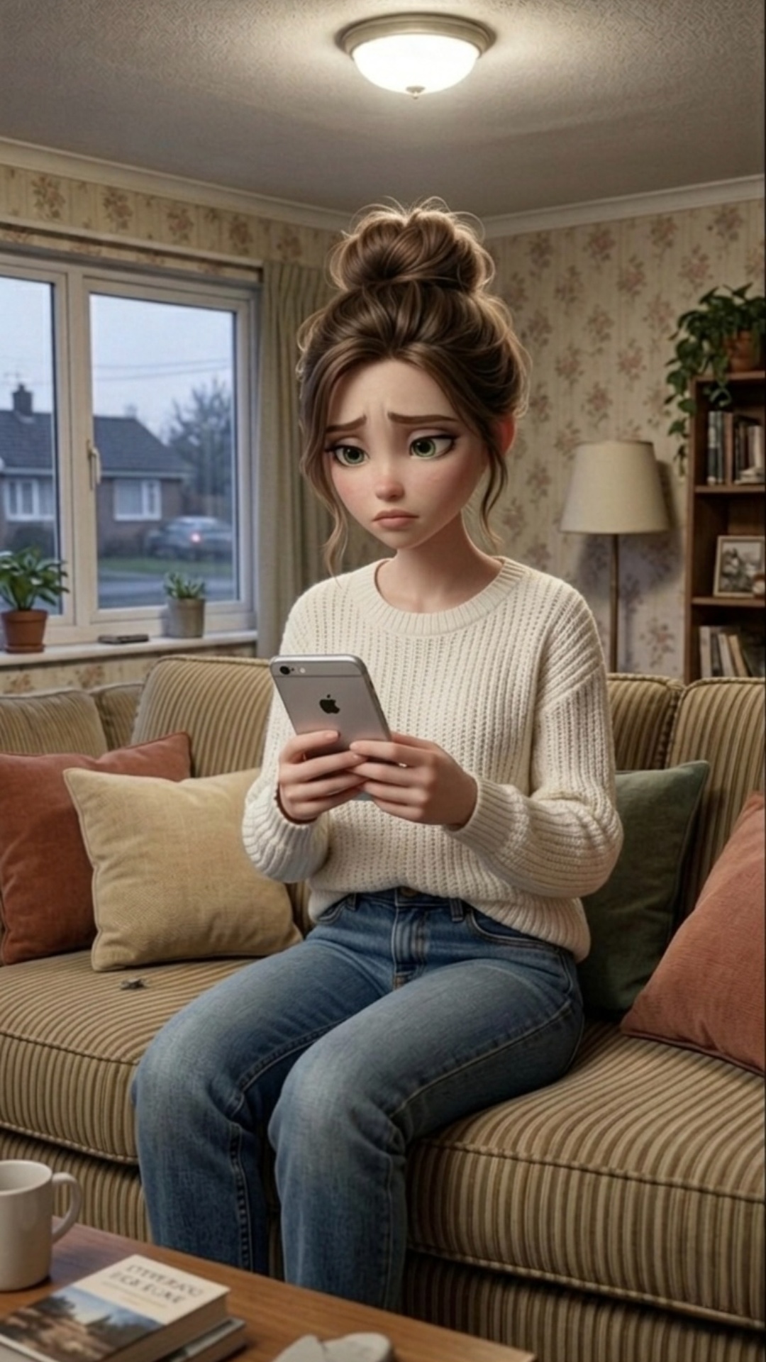 Cinematic 3D Pixar-style animation, vertical format 9:16. A young woman is sitting alone in her s...