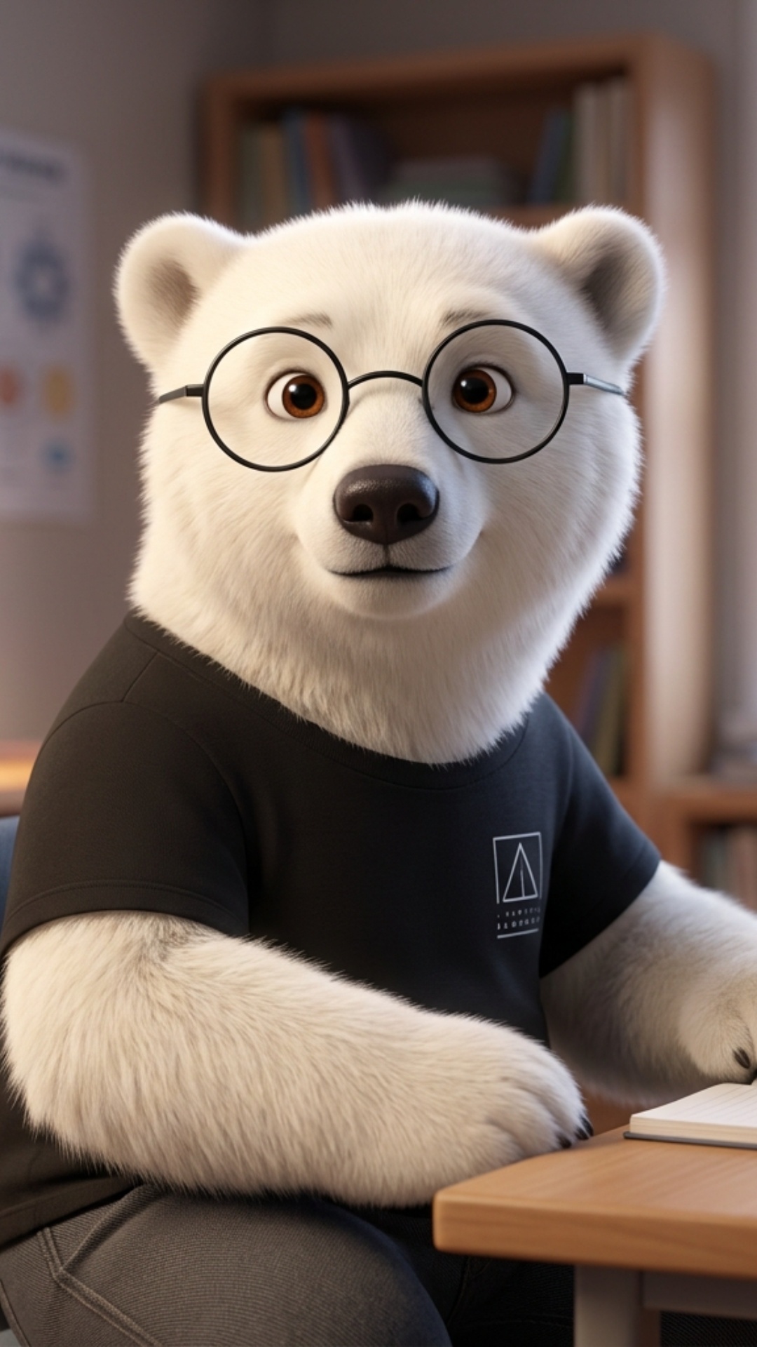 Art style: 3D Pixar.

Молодой белый медвежонок с густым белоснежным мехом и умными карими глазами...