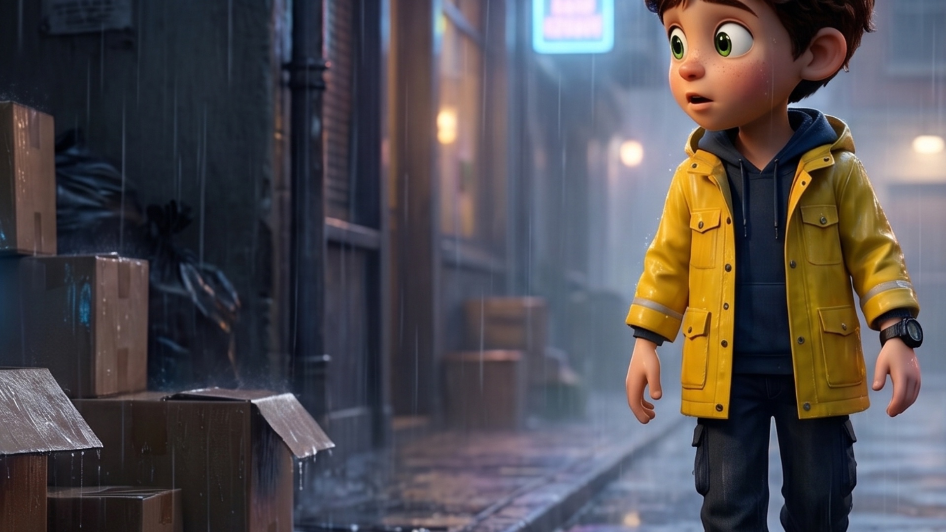 Pixar-style cinematic rainy evening city street, 7-year-old boy Pasha walking through wet sidewal...