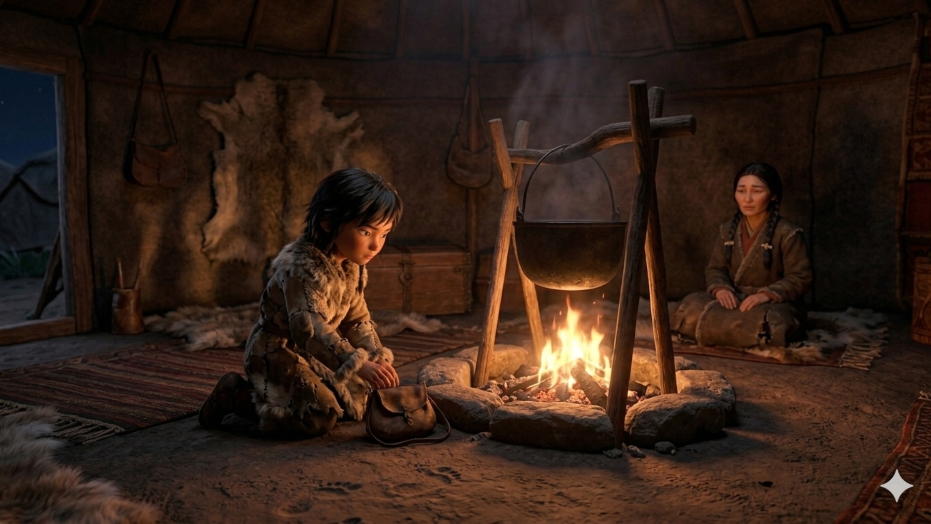 The boy gently shakes his head once, slowly places the pouch on the floor near fire, then turns a...