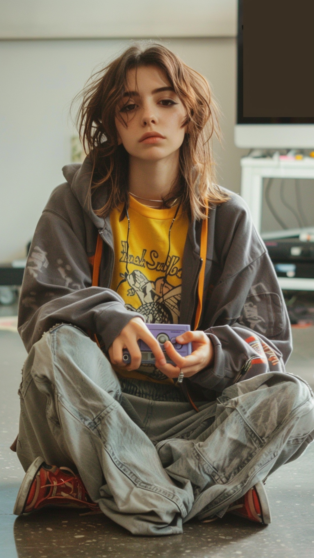 *close-up, young sad girl with messy 90s inspired hair sitting on grey minimalistic floor, holdin...