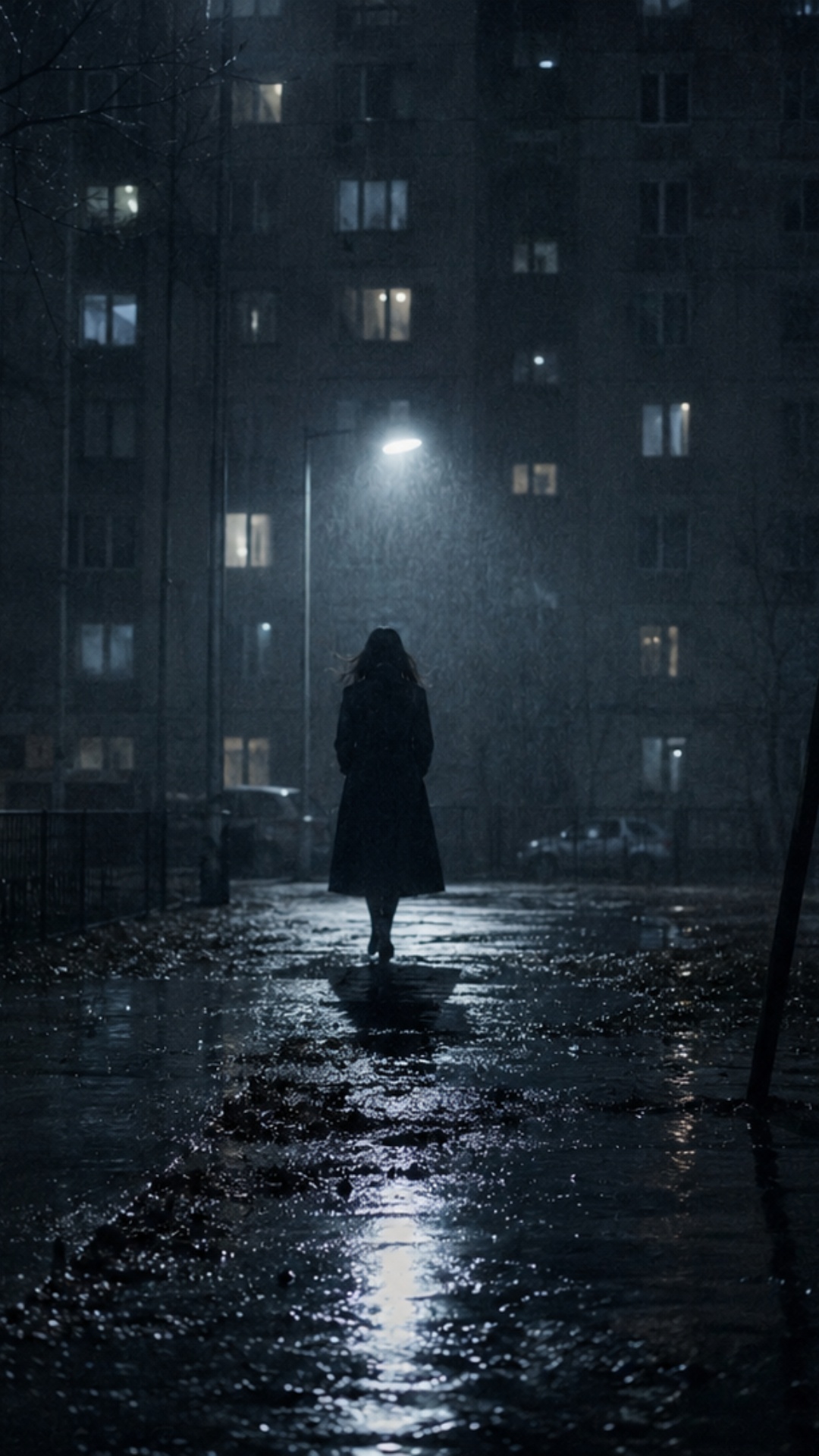 Mysterious girl in long dark coat appearing far away under street lamp in rainy night courtyard, ...