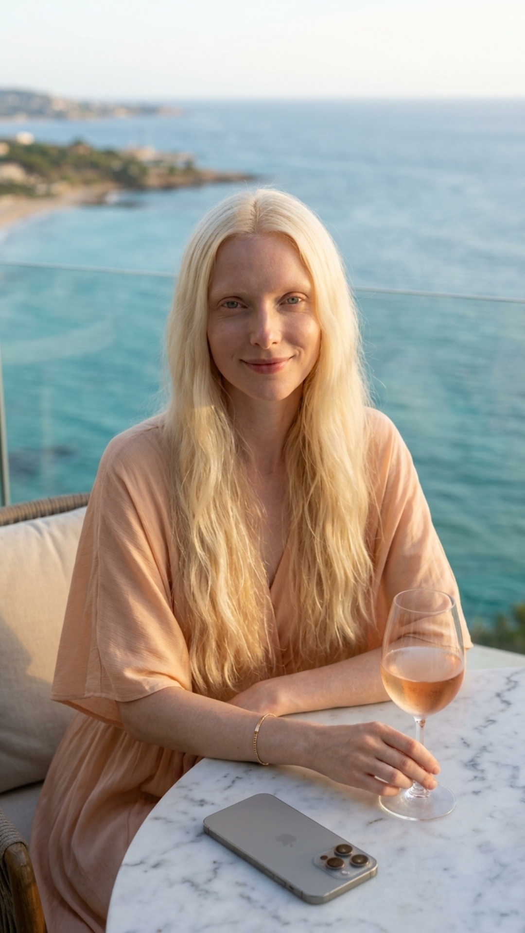 Cinematic high-quality video based on the provided image. The girl in the peach silk dress is sit...