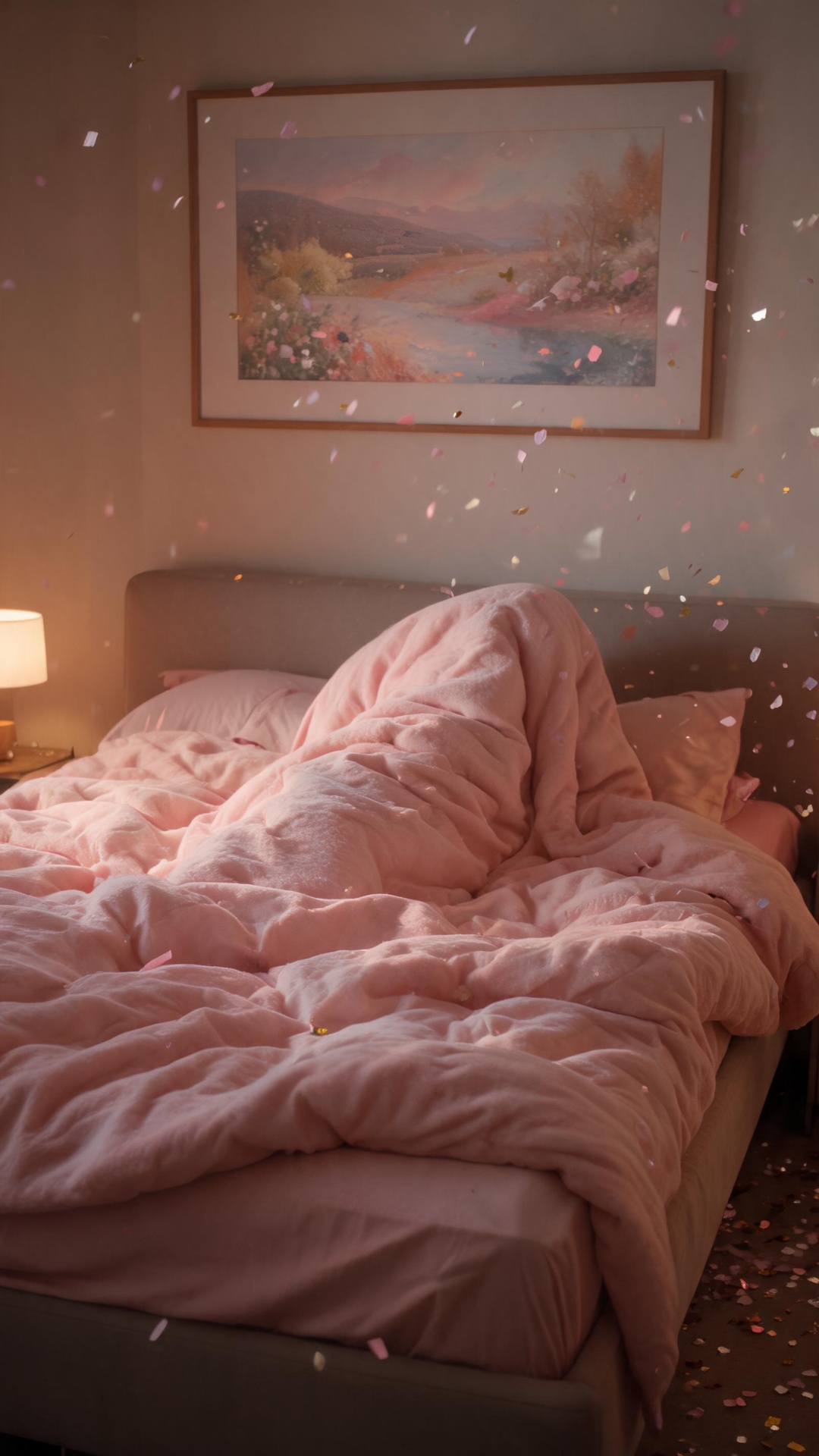 hands appear from under the blanket, holding confetti for the holiday. They explode with beautifu...