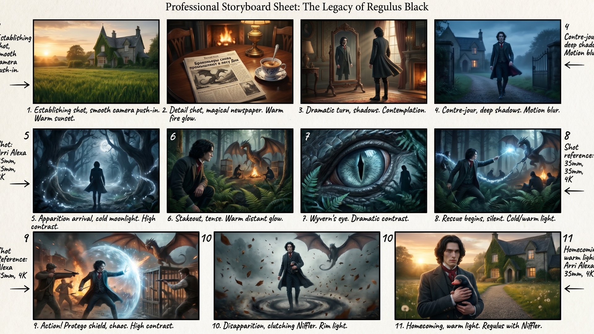 Cinematic video sequence. Photorealistic, magical realism, Victorian gothic aesthetic, art noir u...