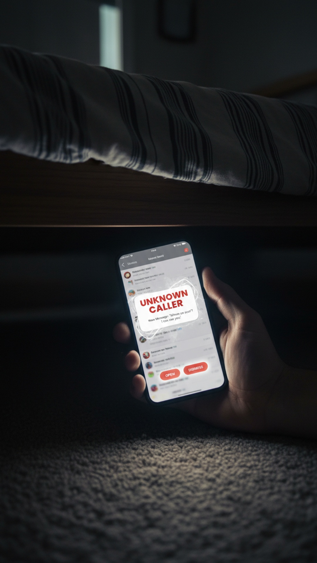 The camera slightly tilts up showing the text on the glowing screen in total darkness