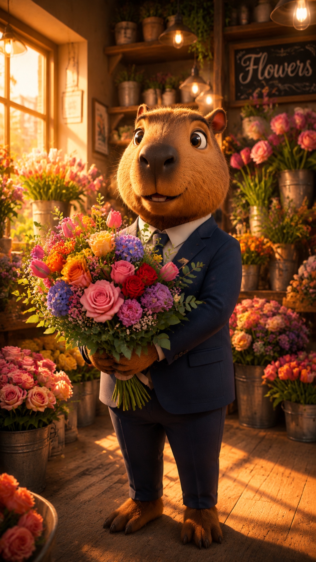 male capybara receives bouquet from florist, smiles happily, hugs flowers, flower petals gently m...