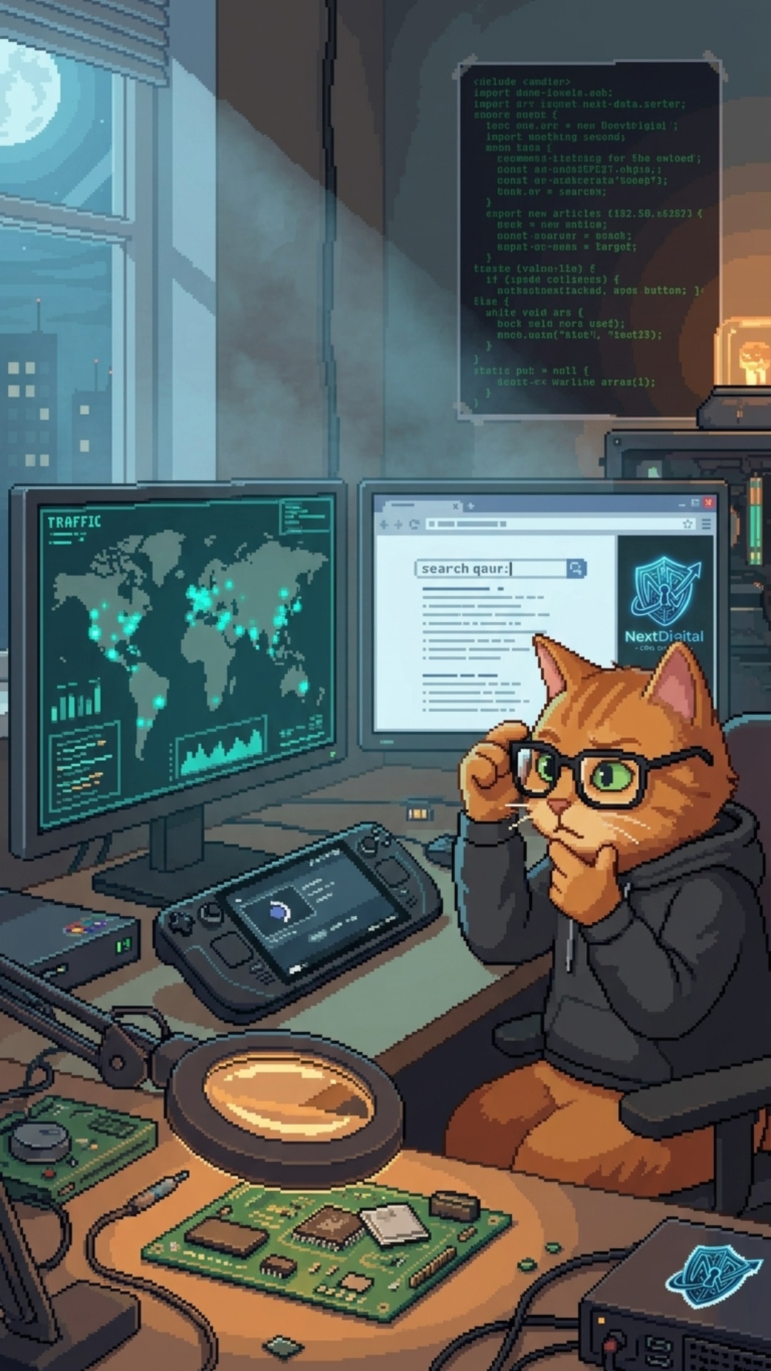 Art style: пиксельный.

Общий план рабочего пространства с двумя мониторами. Камера расположена п...