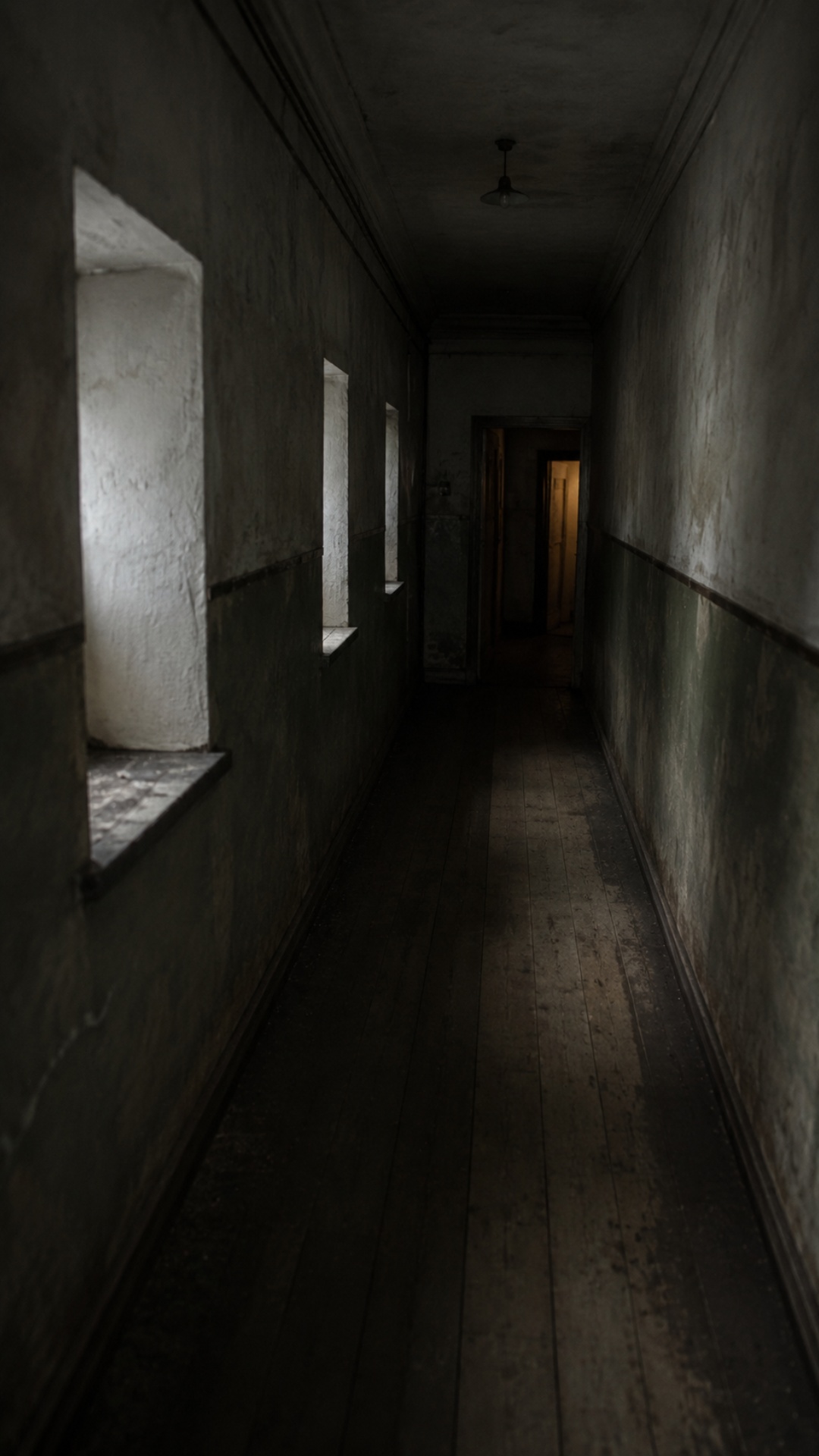 First-person POV slowly walking through a narrow dark corridor with whitewashed windows, worn woo...