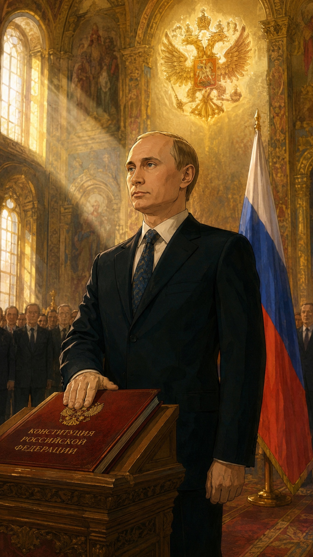 Стиль 2D, все стоят не подвижно, камера плавно отъезжает назад